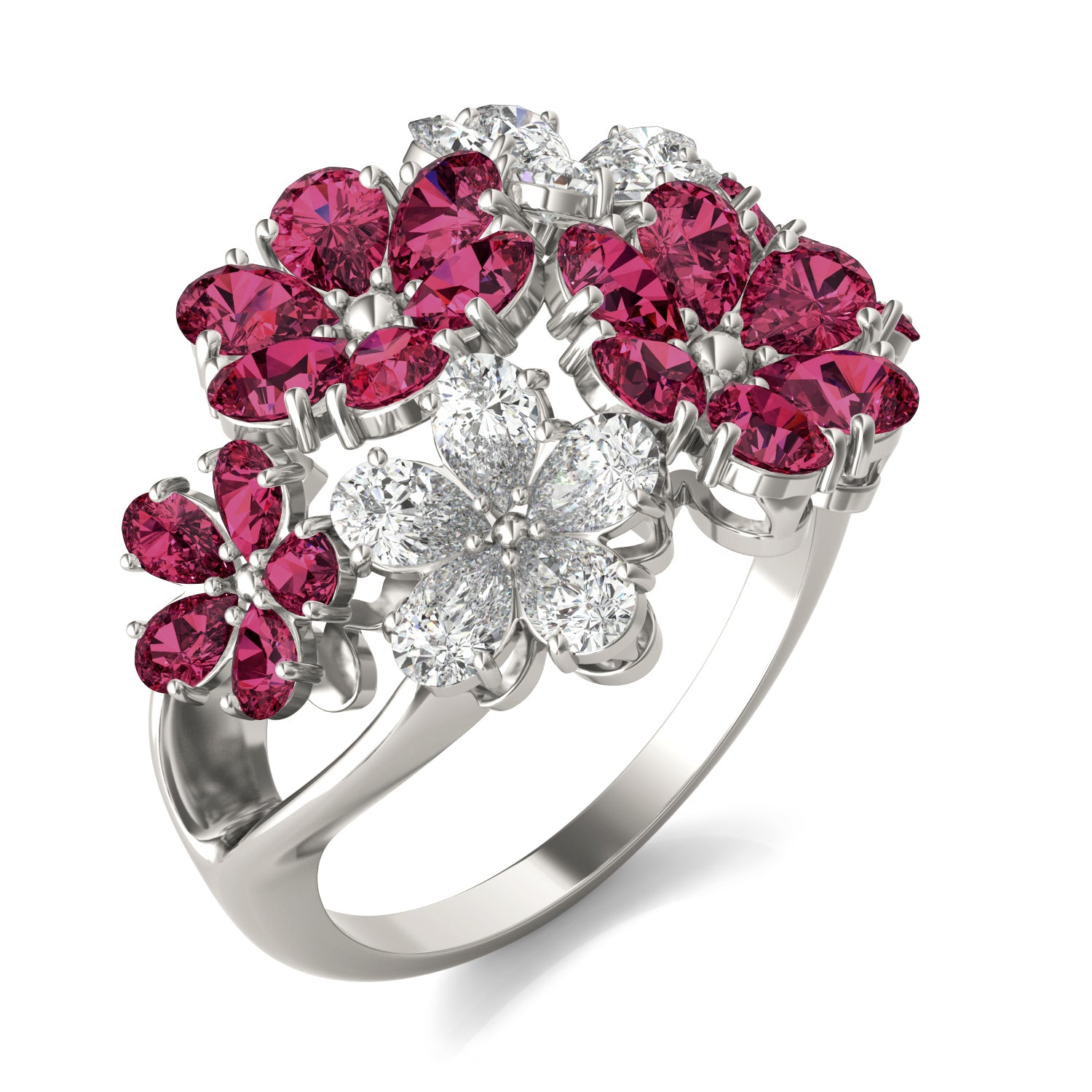 7/8 CTW Pear Caydia® Lab Grown Diamond Couture Floral Cluster Ring featuring Created Ruby