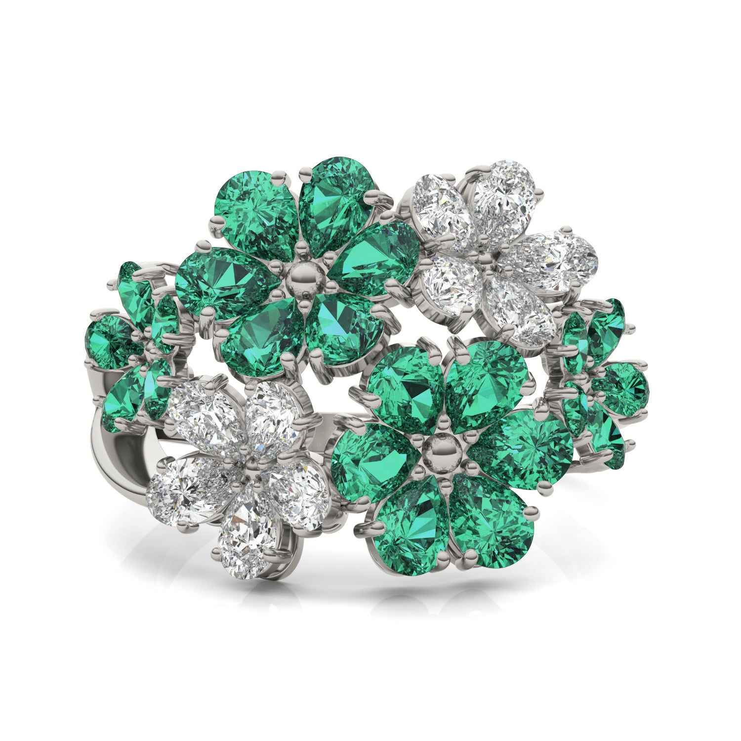 7/8 CTW Pear Caydia® Lab Grown Diamond Couture Floral Cluster Ring featuring Created Emerald