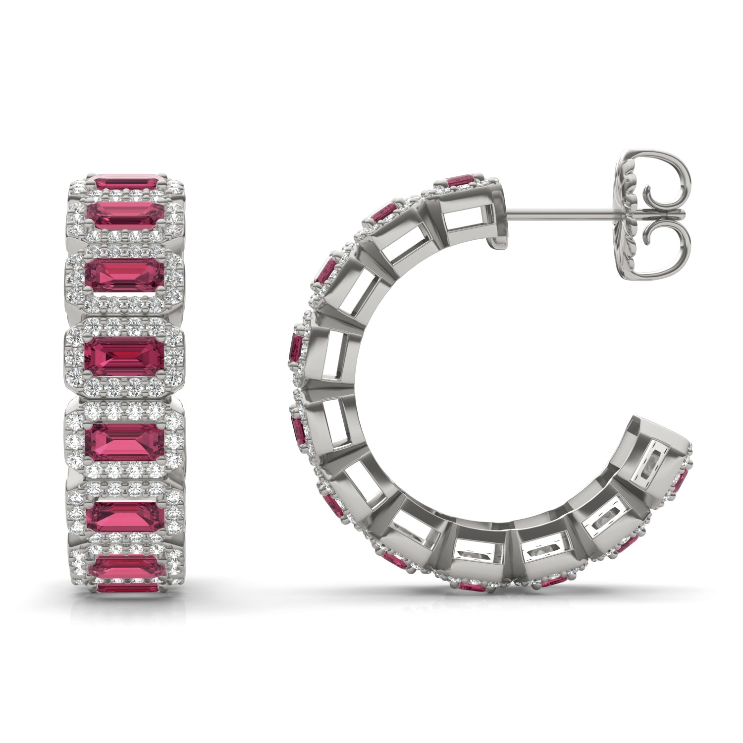 1 1/2 CTW Round Caydia® Lab Grown Diamond Halo Hoop Earrings featuring Created Ruby