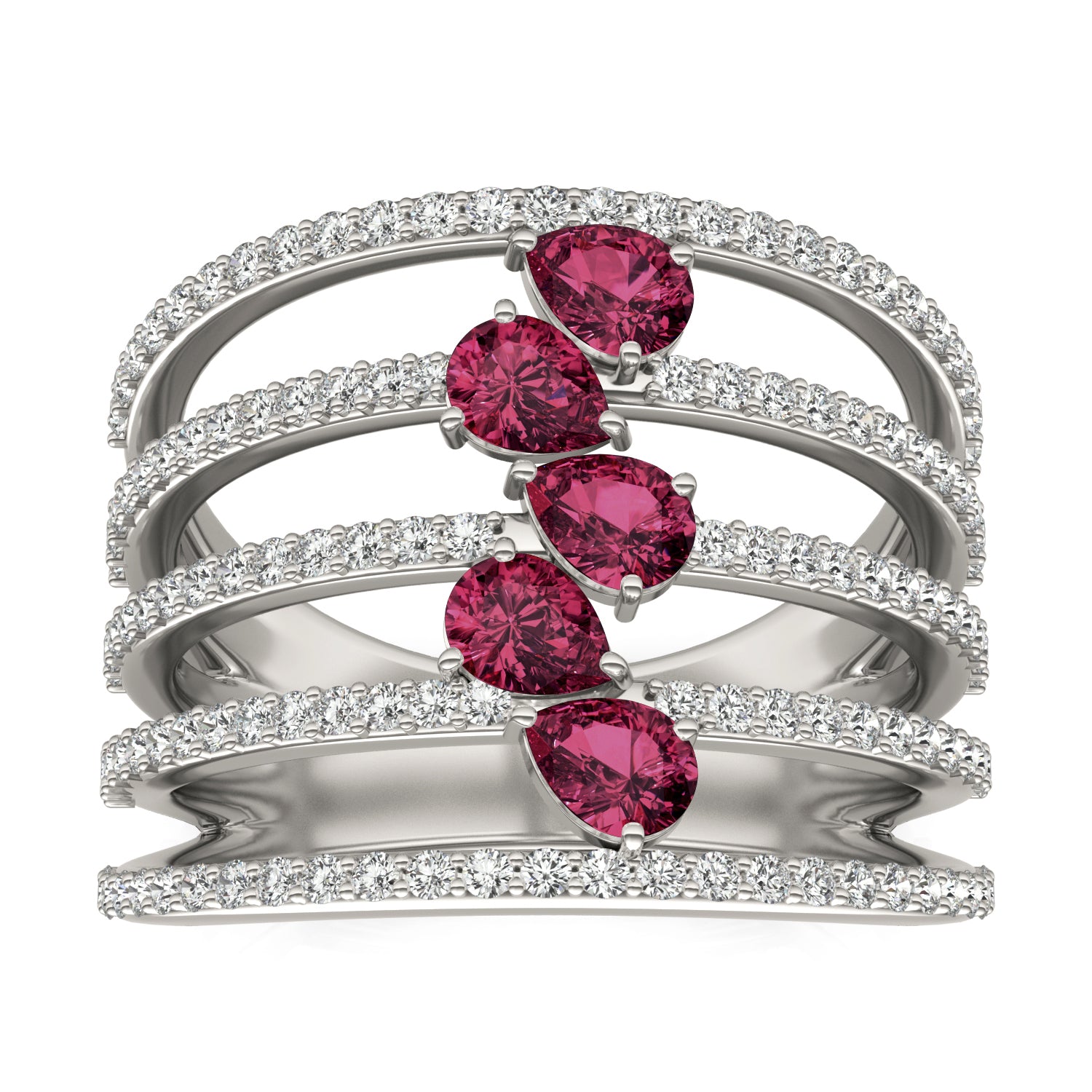 2/3 CTW Round Caydia® Lab Grown Diamond Five Row Statement Ring featuring Created Ruby