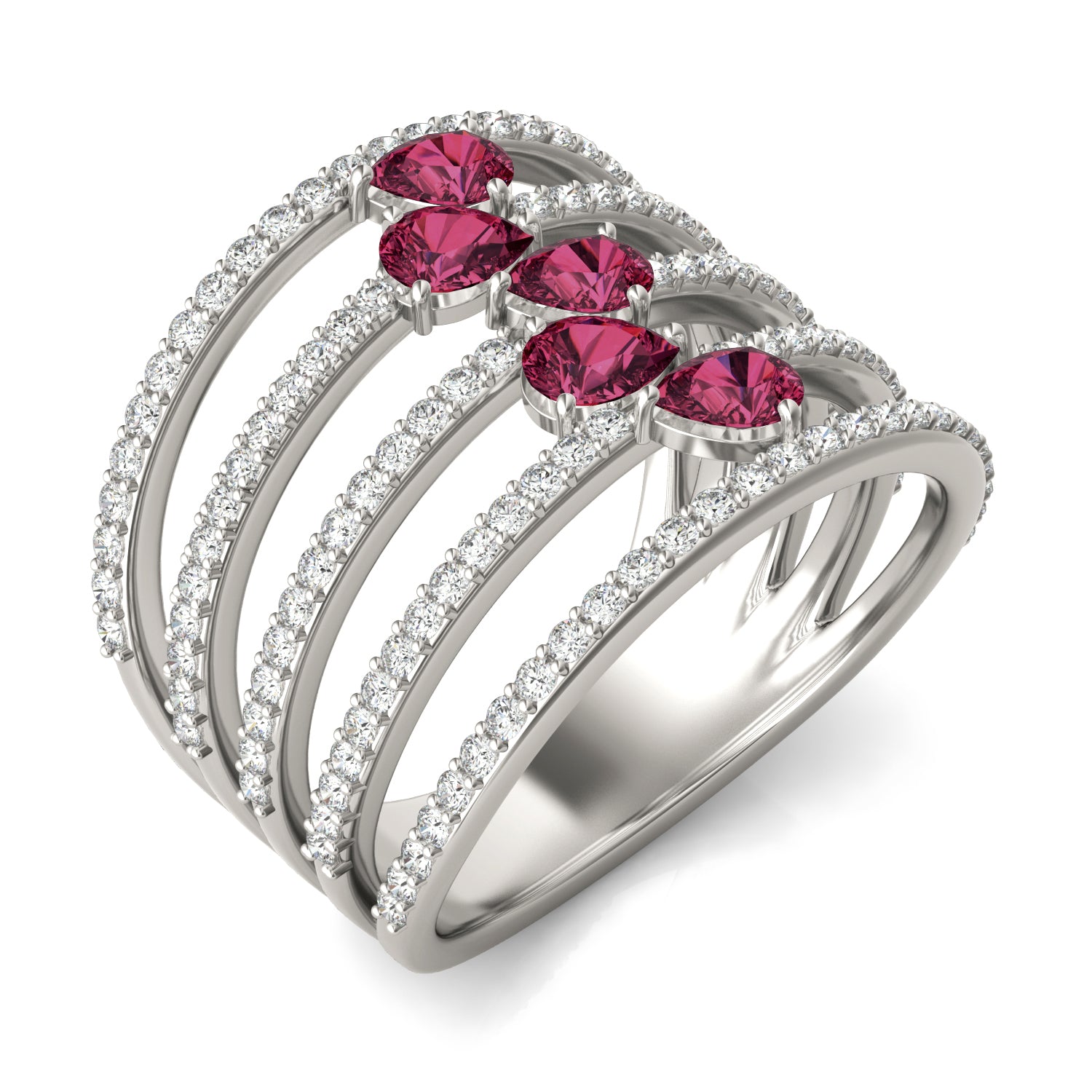 2/3 CTW Round Caydia® Lab Grown Diamond Five Row Statement Ring featuring Created Ruby