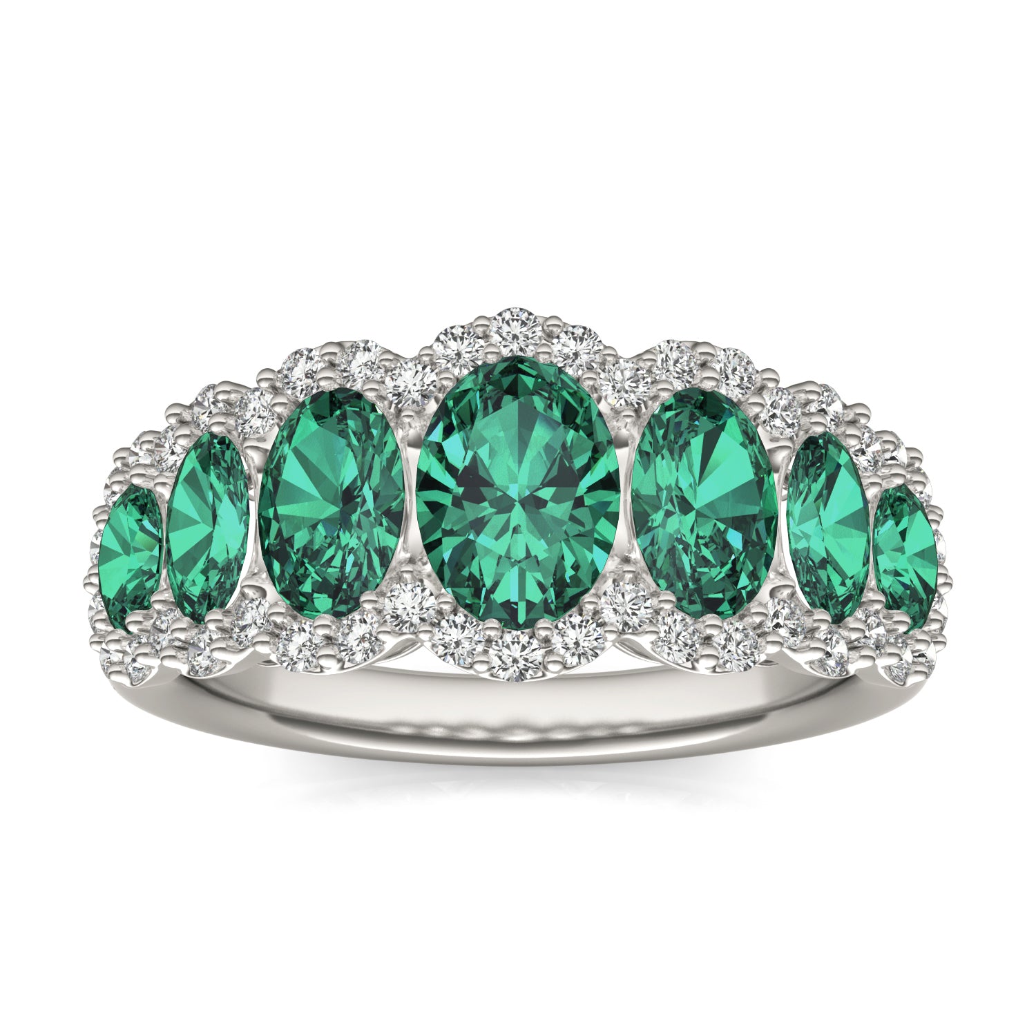 5/8 CTW Round Caydia® Lab Grown Diamond Seven Stone Halo Ring featuring Created Emerald