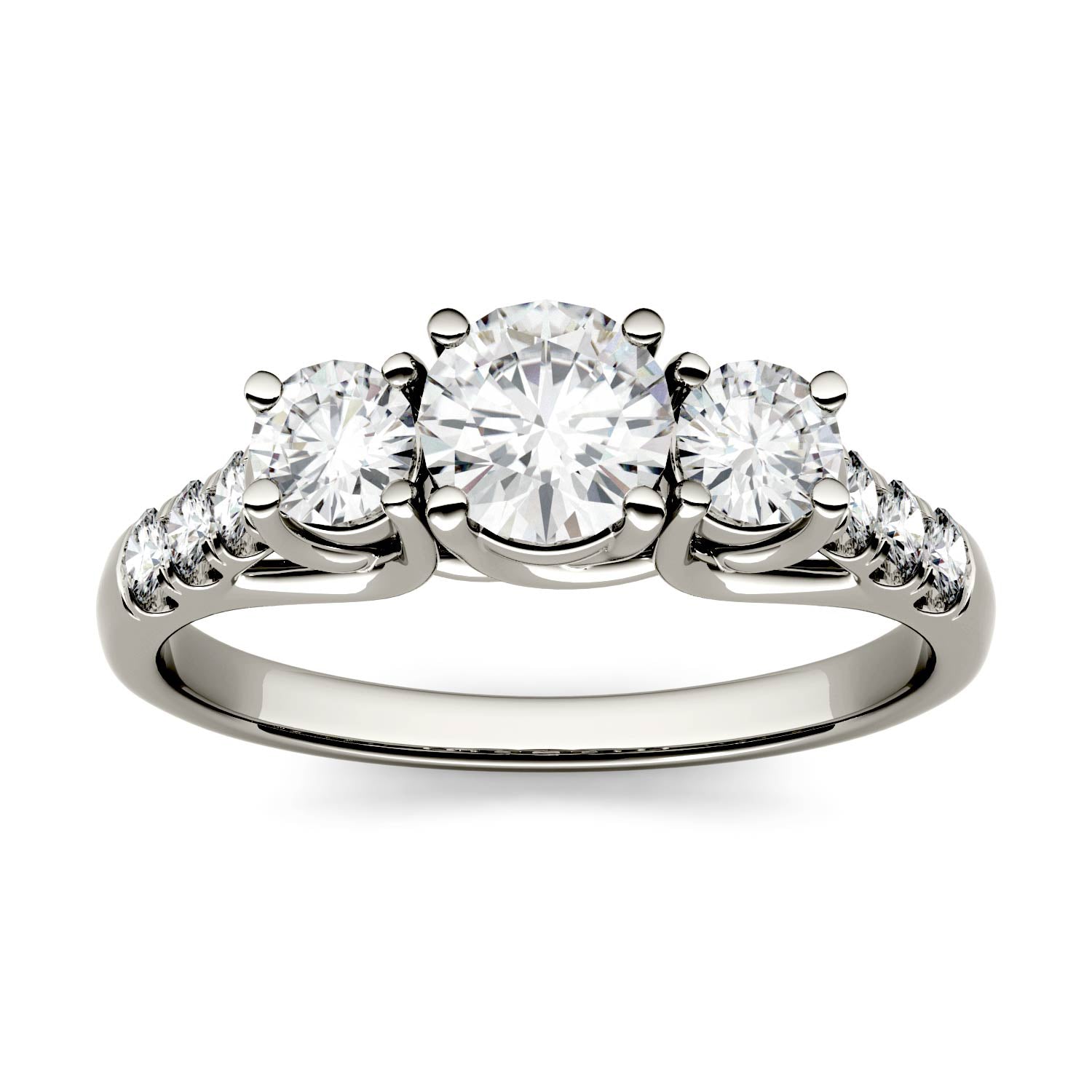 4.14 CTW DEW Round Forever One™ Moissanite Trellis Three Stone Ring