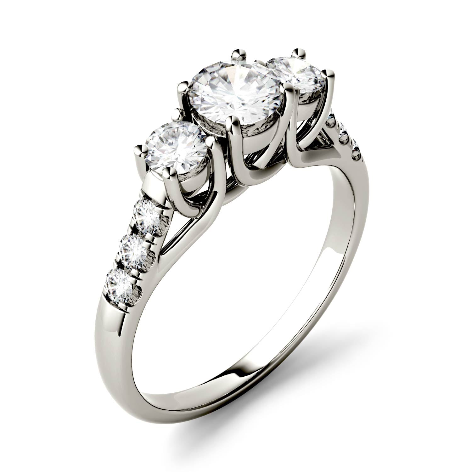 4.14 CTW DEW Round Forever One™ Moissanite Trellis Three Stone Ring