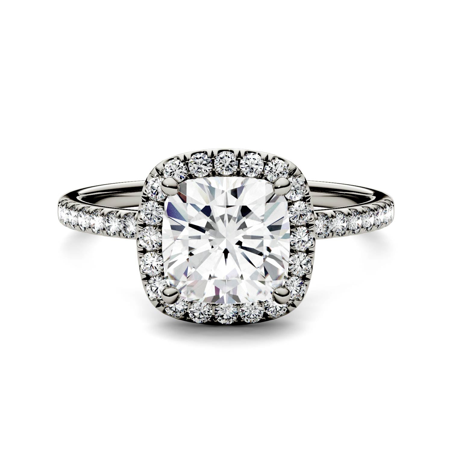 1.60 CTW DEW Cushion Forever One™ Moissanite Halo with Side Accents Engagement Ring