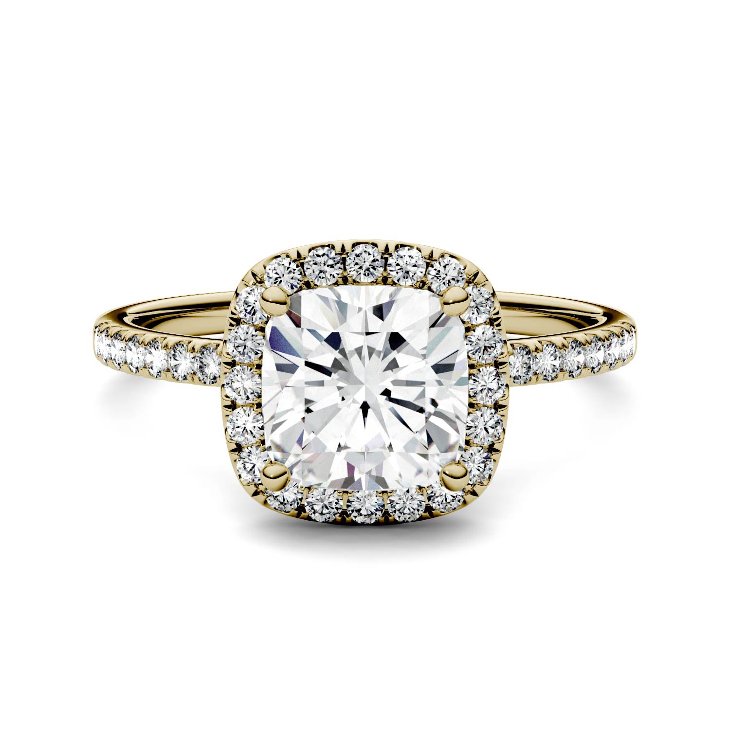 1.60 CTW DEW Cushion Forever One™ Moissanite Halo with Side Accents Engagement Ring