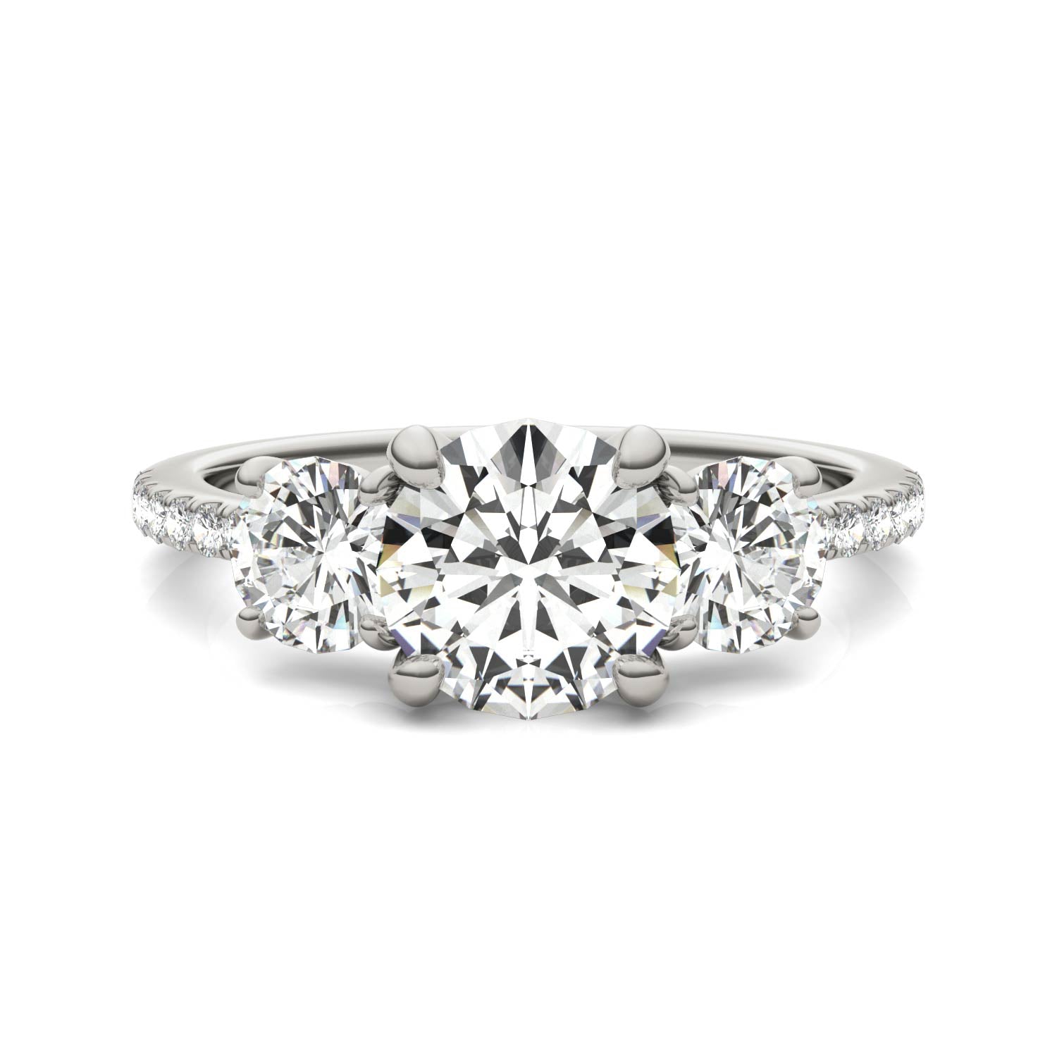 2.14 CTW DEW Round Forever One™ Moissanite Three Stone with Side Accents Ring