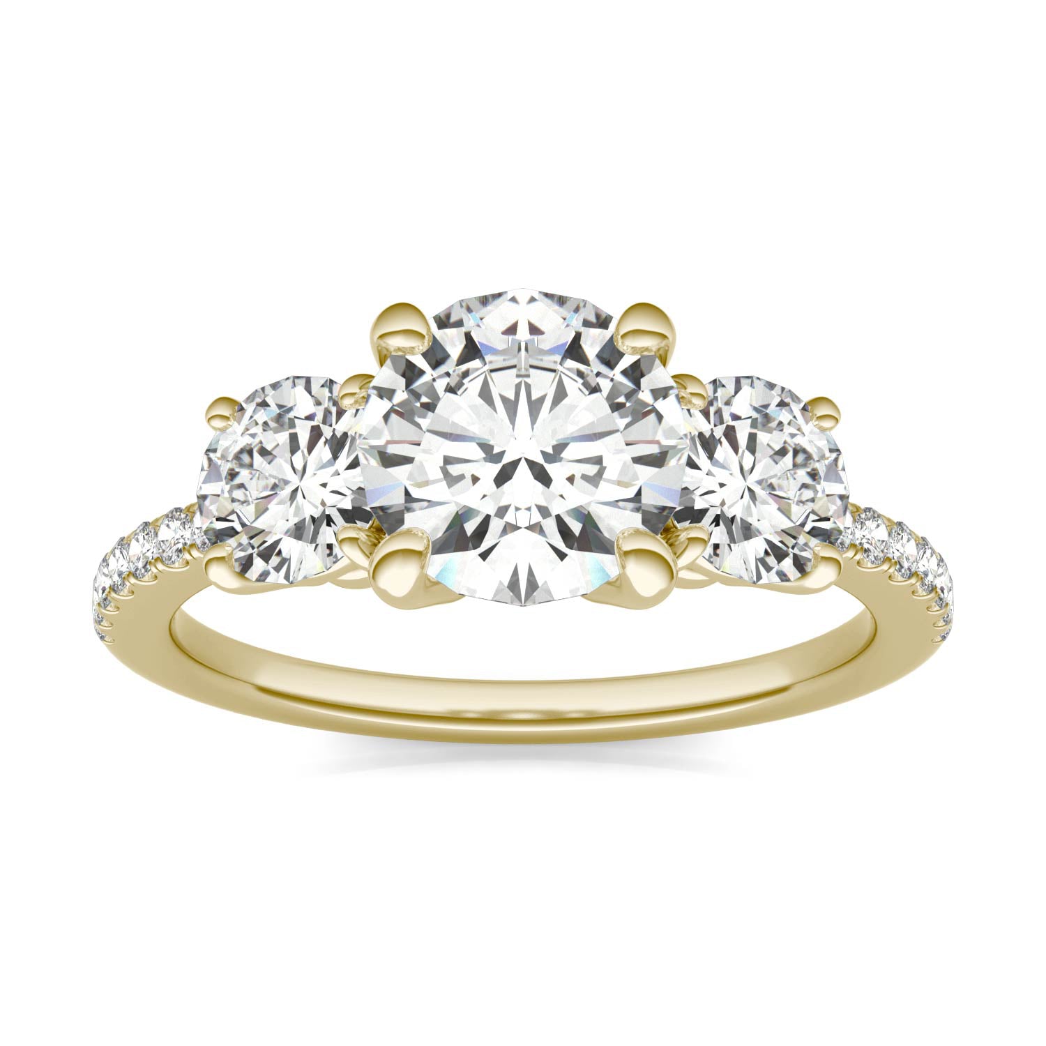 2.14 CTW DEW Round Forever One™ Moissanite Three Stone with Side Accents Ring