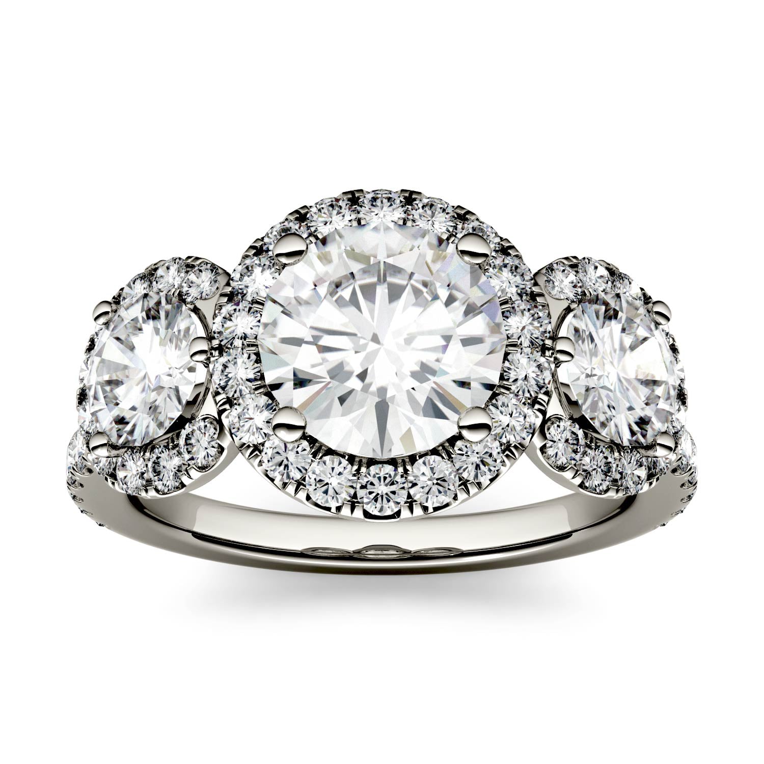 3.09 CTW DEW Round Forever One™ Moissanite Three Stone Halo Ring