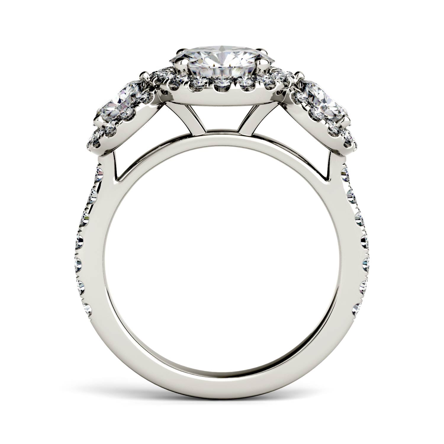 3.09 CTW DEW Round Forever One™ Moissanite Three Stone Halo Ring