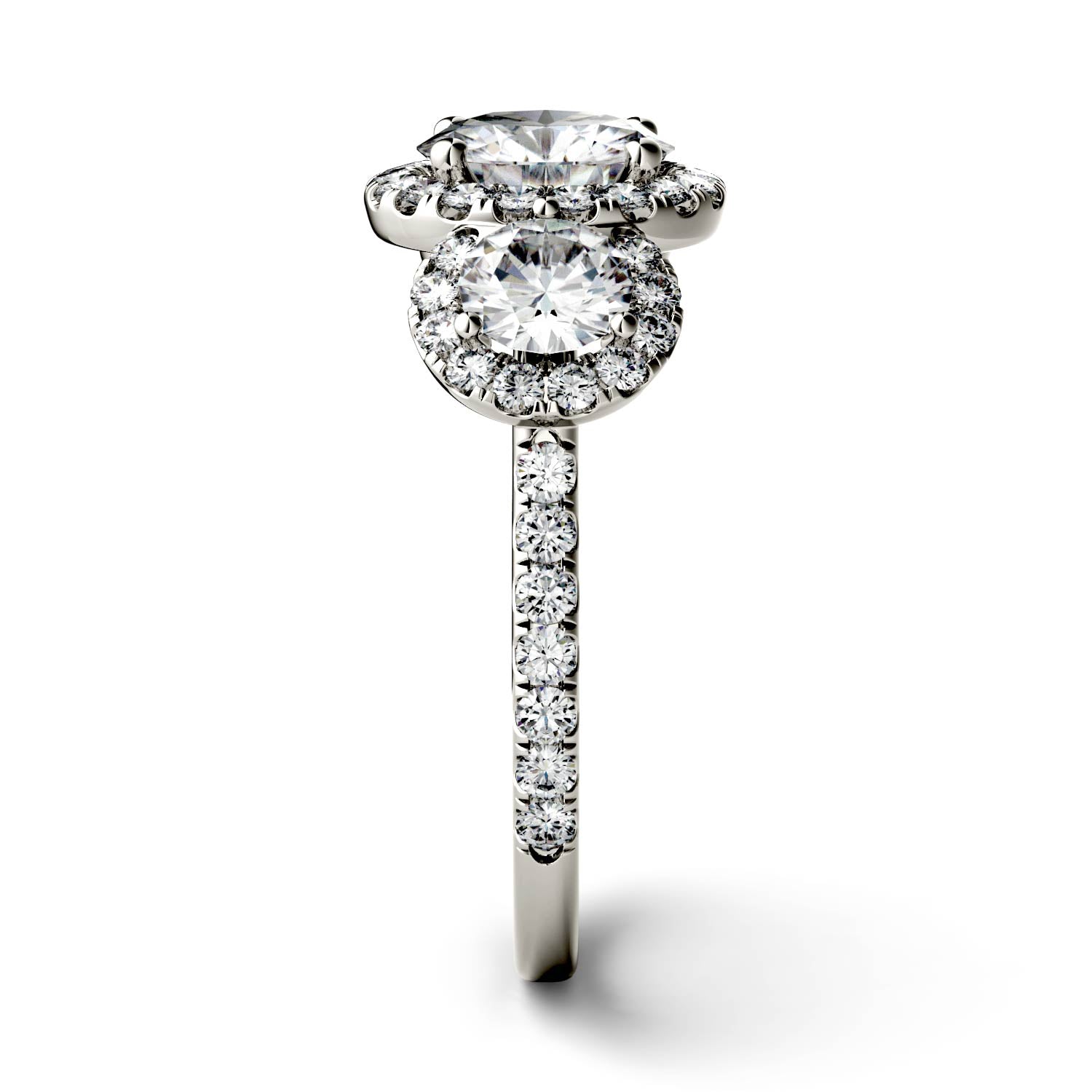 3.09 CTW DEW Round Forever One™ Moissanite Three Stone Halo Ring