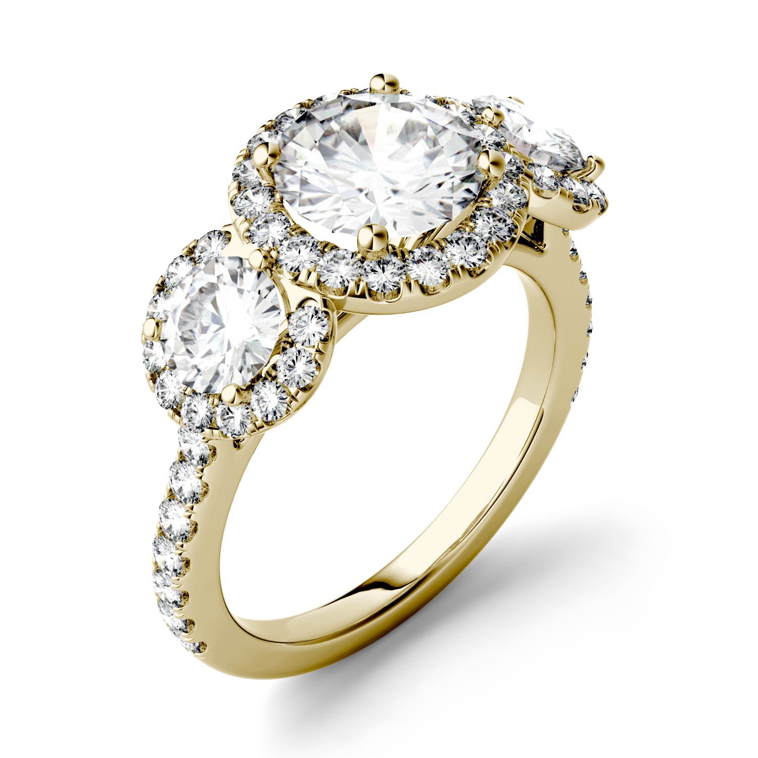 3.09 CTW DEW Round Forever One™ Moissanite Three Stone Halo Ring