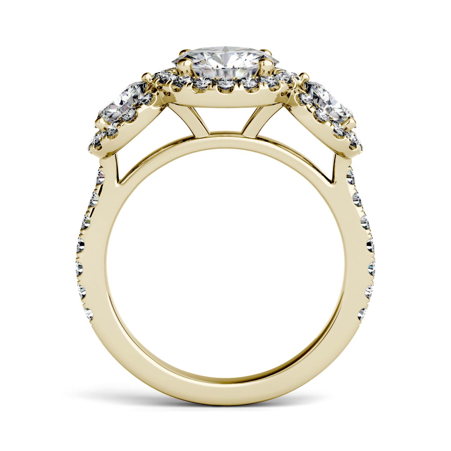 3.09 CTW DEW Round Forever One™ Moissanite Three Stone Halo Ring