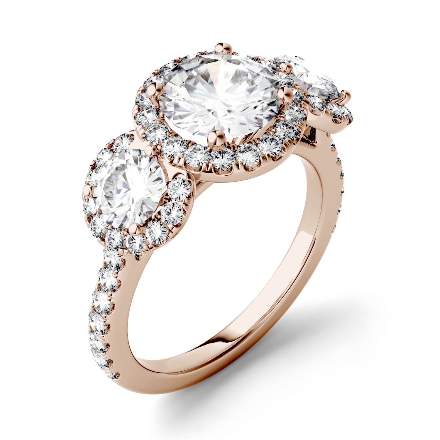 3.09 CTW DEW Round Forever One™ Moissanite Three Stone Halo Ring