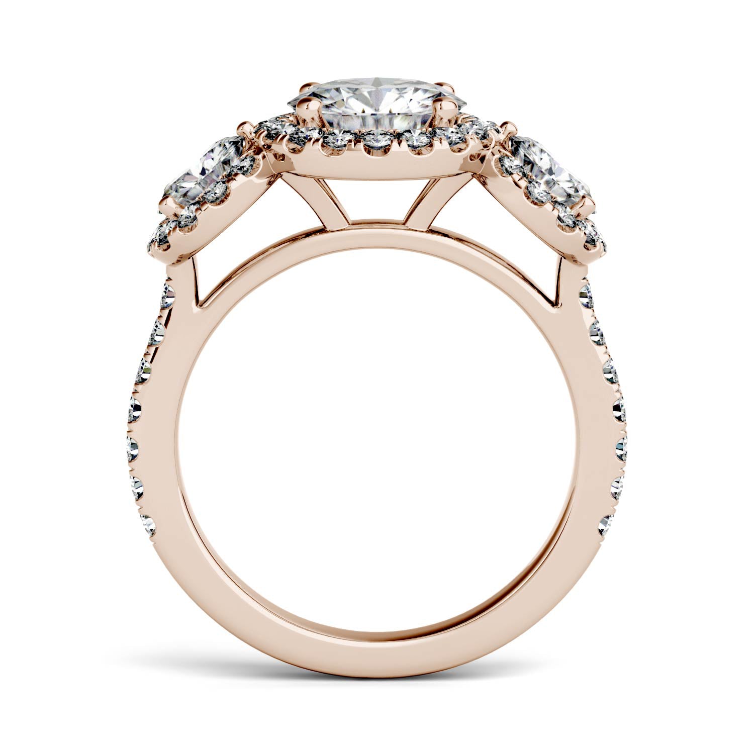 3.09 CTW DEW Round Forever One™ Moissanite Three Stone Halo Ring