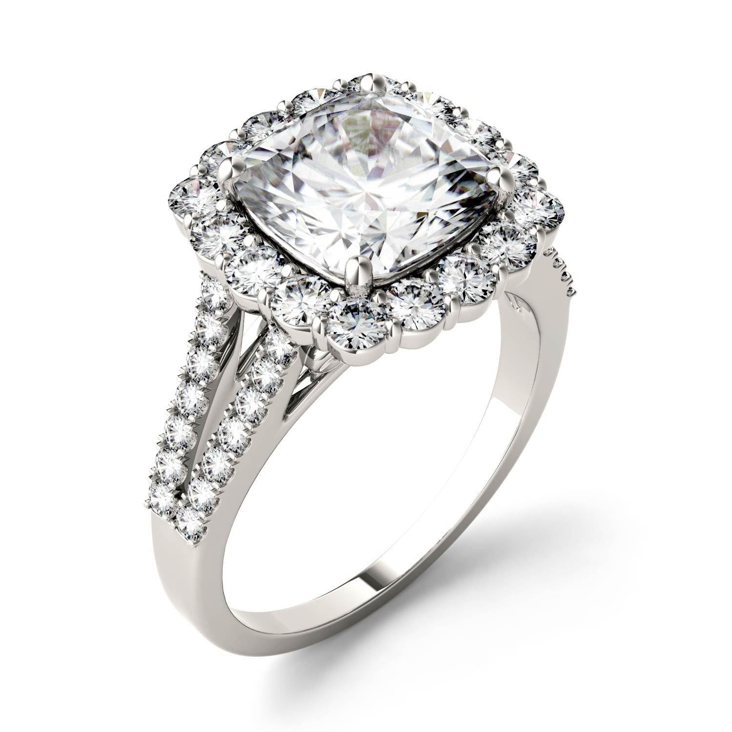 4.26 CTW DEW Cushion Forever One™ Moissanite Split Shank Engagement Ring