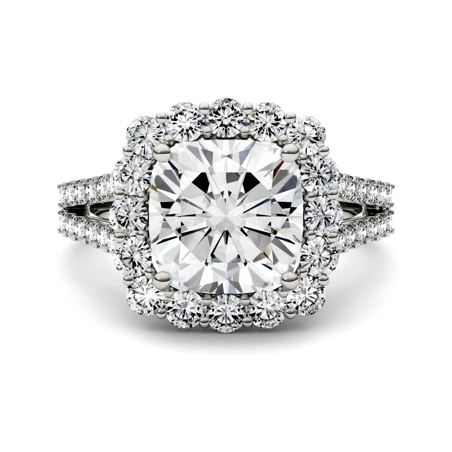 4.26 CTW DEW Cushion Forever One™ Moissanite Split Shank Engagement Ring