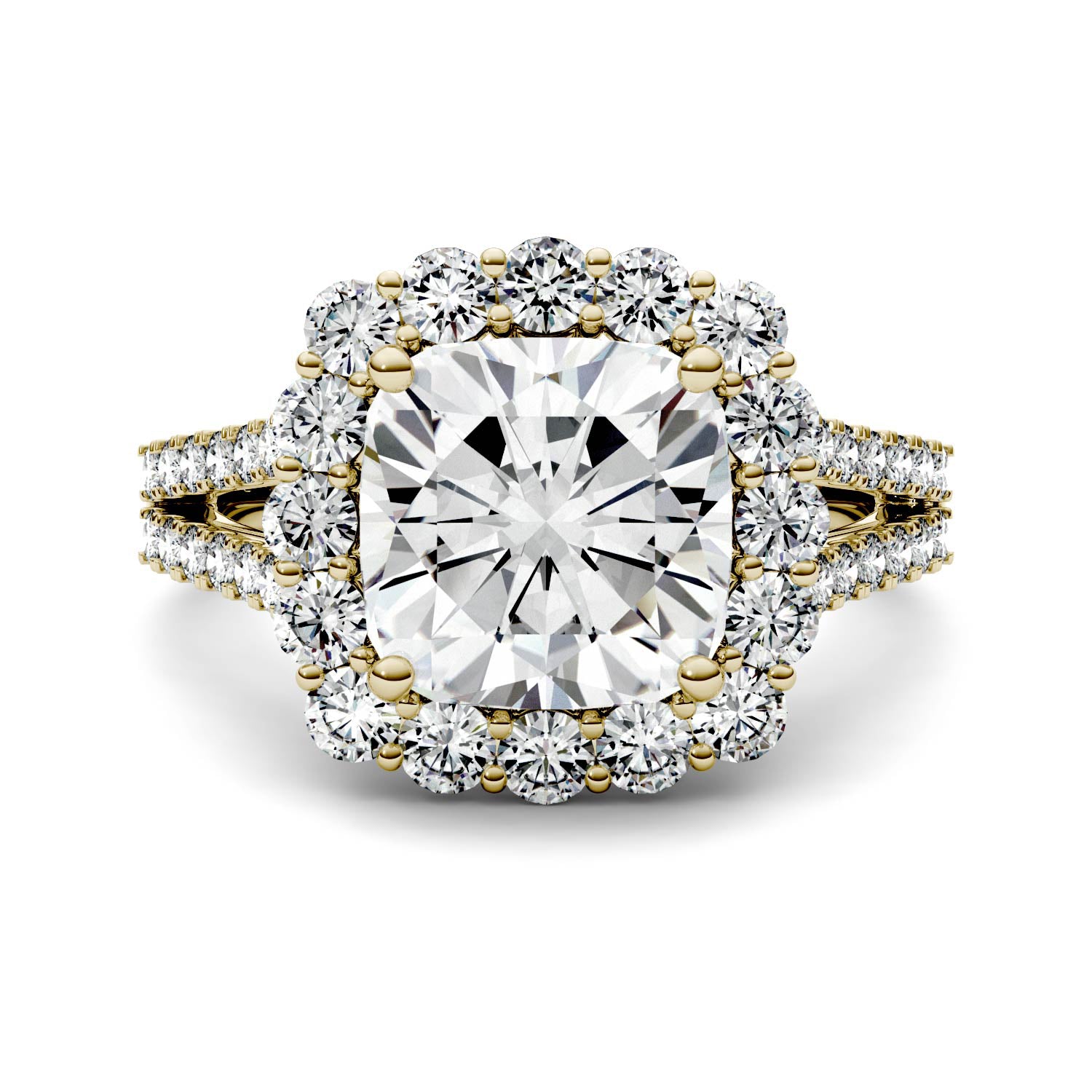 4.26 CTW DEW Cushion Forever One™ Moissanite Split Shank Engagement Ring