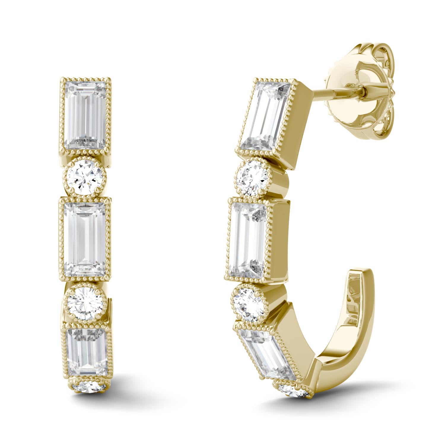 0.88 CTW DEW Straight Baguette Forever One™ Moissanite Milgrain J-Hoop Earrings