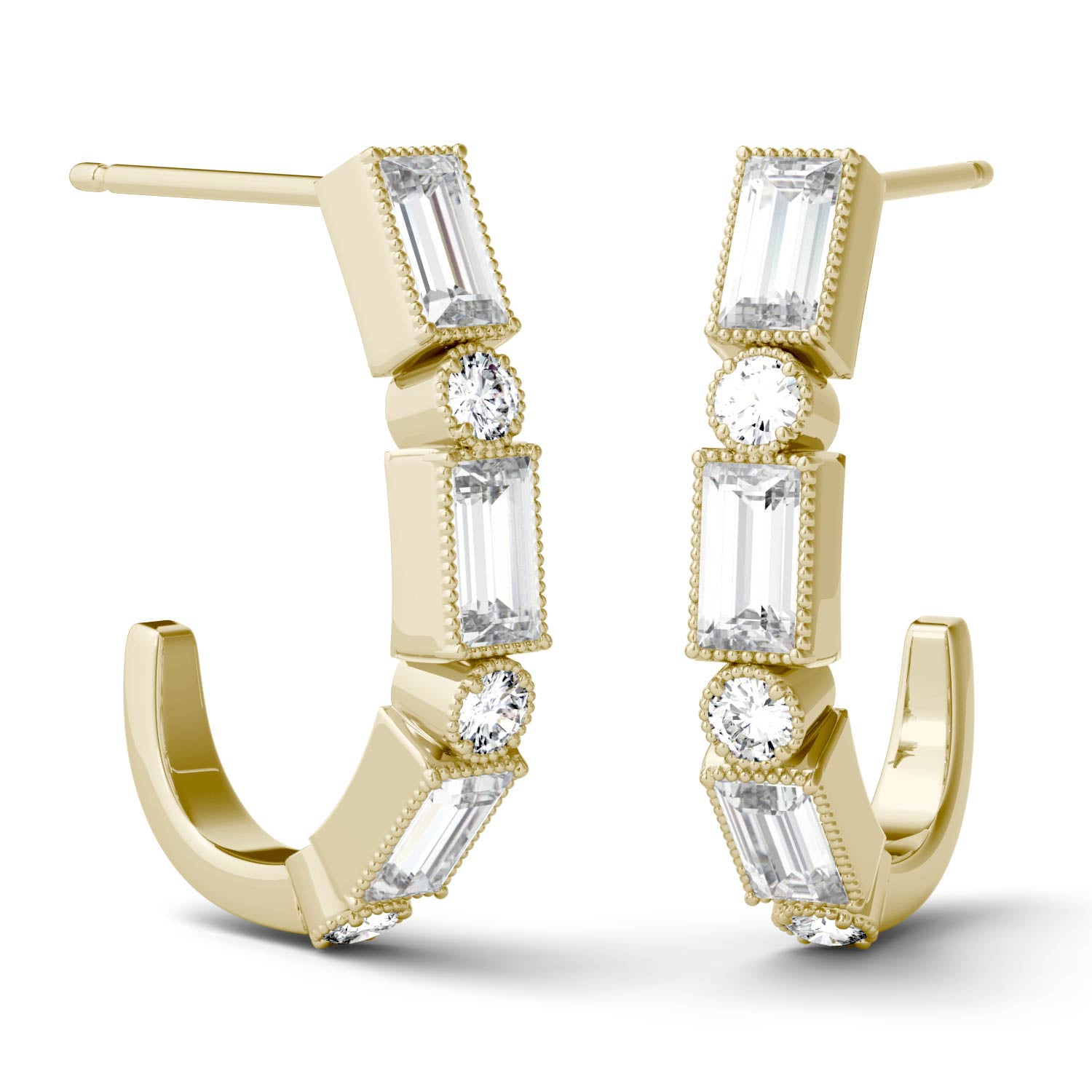 0.88 CTW DEW Straight Baguette Forever One™ Moissanite Milgrain J-Hoop Earrings