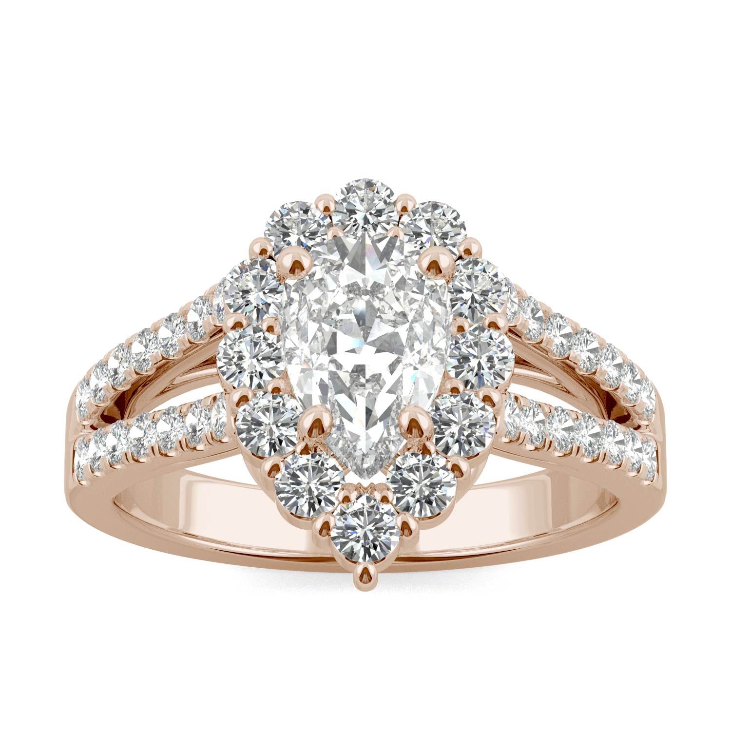 1.67 CTW DEW Pear Forever One™ Moissanite Signature Halo Split Shank Engagement Ring