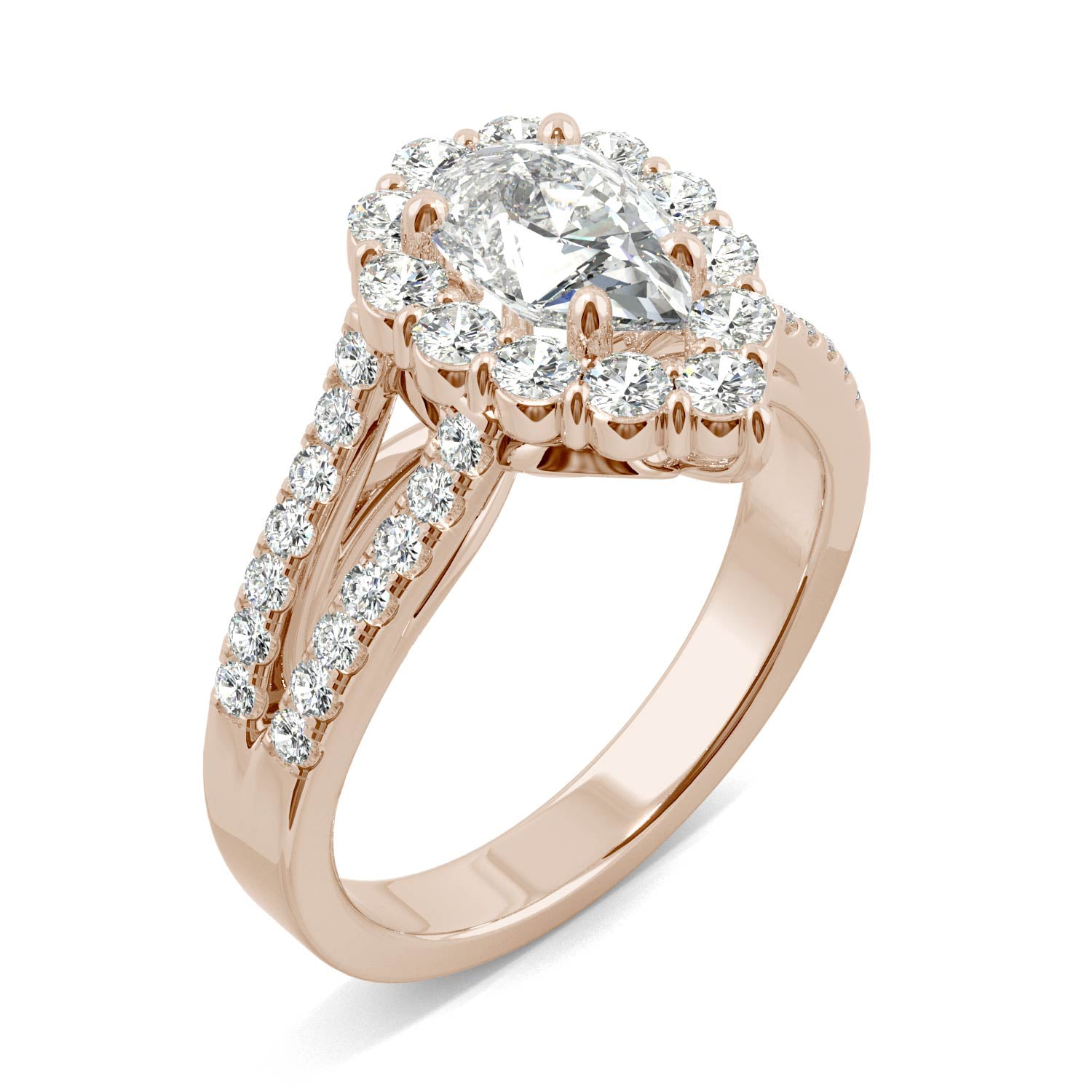 1.67 CTW DEW Pear Forever One™ Moissanite Signature Halo Split Shank Engagement Ring