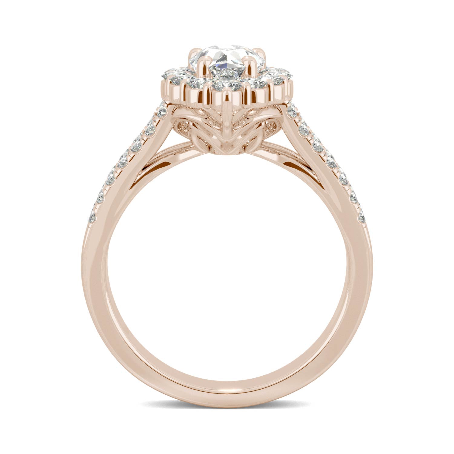 1.67 CTW DEW Pear Forever One™ Moissanite Signature Halo Split Shank Engagement Ring
