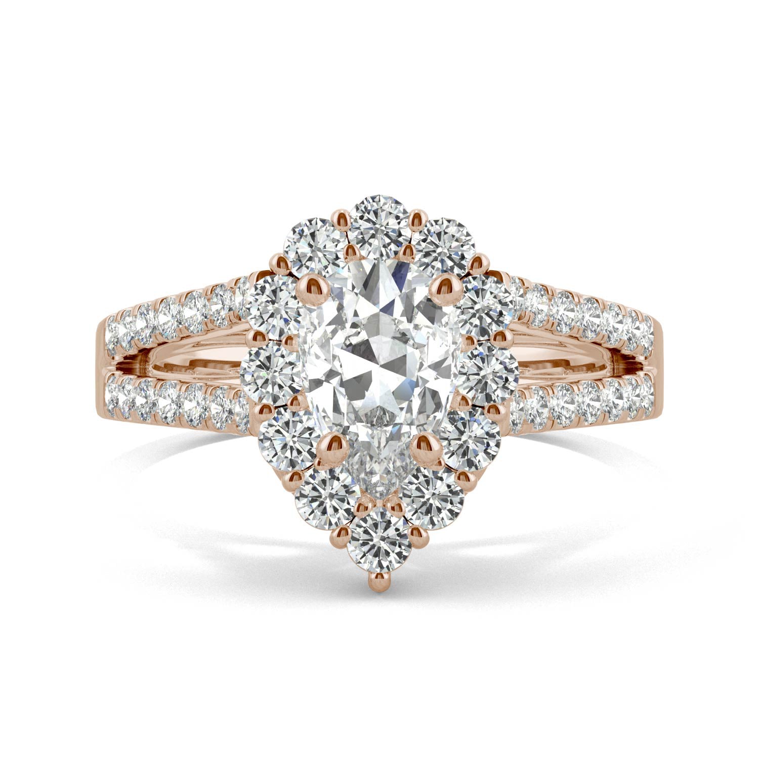 1.67 CTW DEW Pear Forever One™ Moissanite Signature Halo Split Shank Engagement Ring