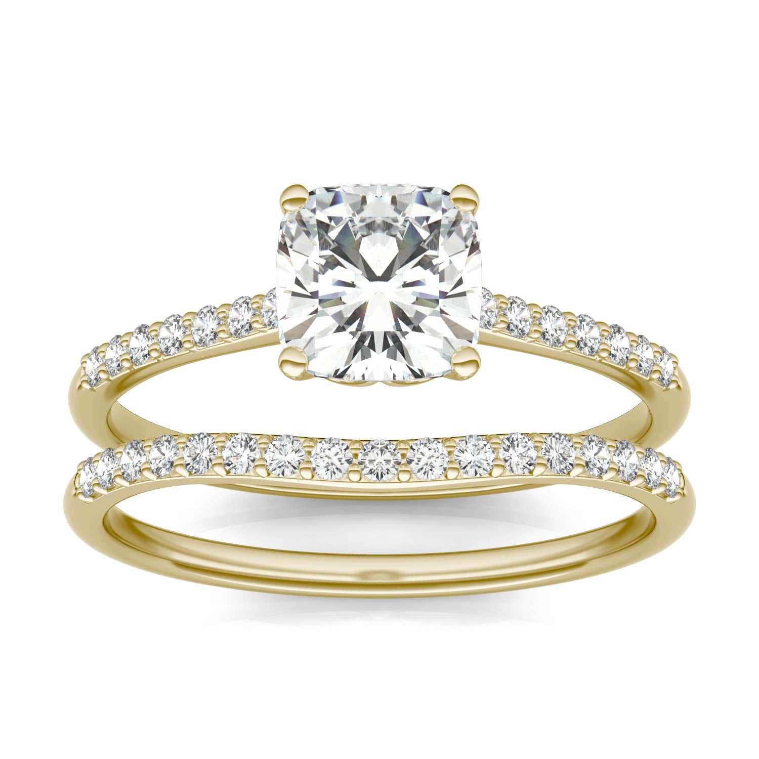 1.33 CTW DEW Cushion Forever One™ Moissanite Signature Bridal Set Cushion with Side Stones Ring