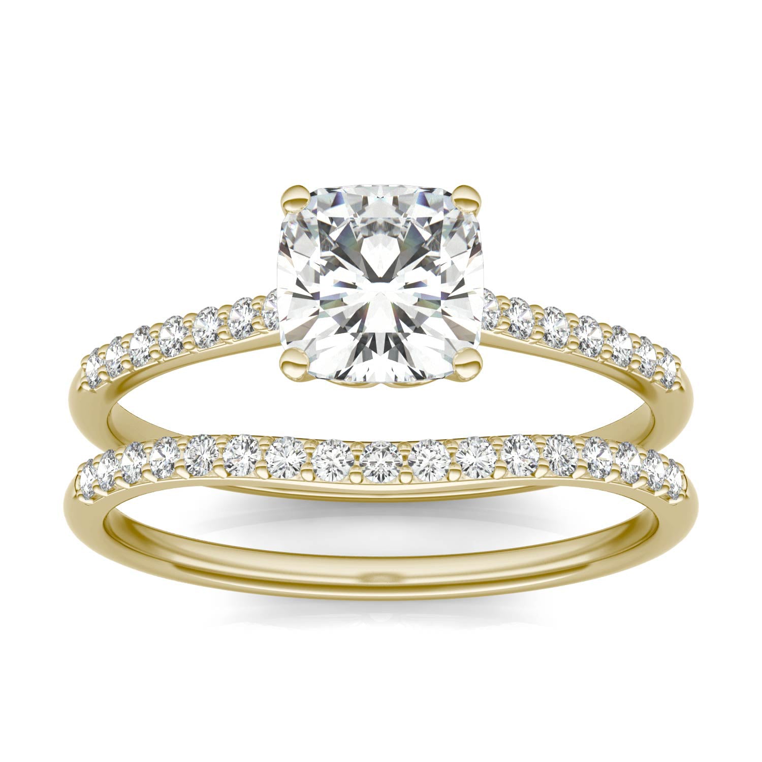 1.33 CTW DEW Cushion Forever One™ Moissanite Signature Bridal Set Cushion with Side Stones Ring