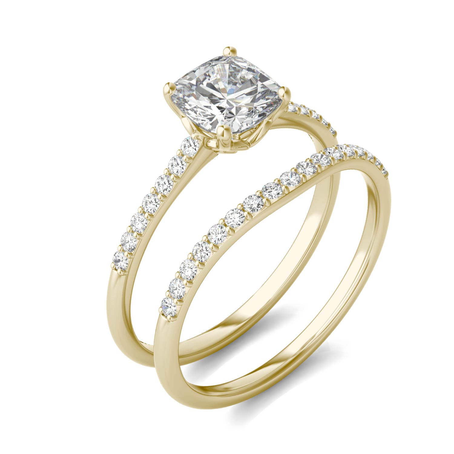 1.33 CTW DEW Cushion Forever One™ Moissanite Signature Bridal Set Cushion with Side Stones Ring