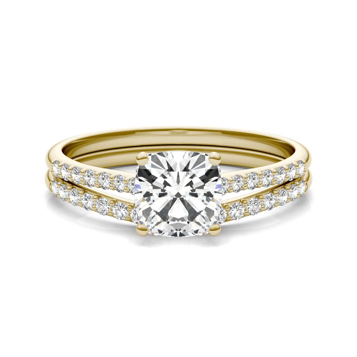 1.33 CTW DEW Cushion Forever One™ Moissanite Signature Bridal Set Cushion with Side Stones Ring