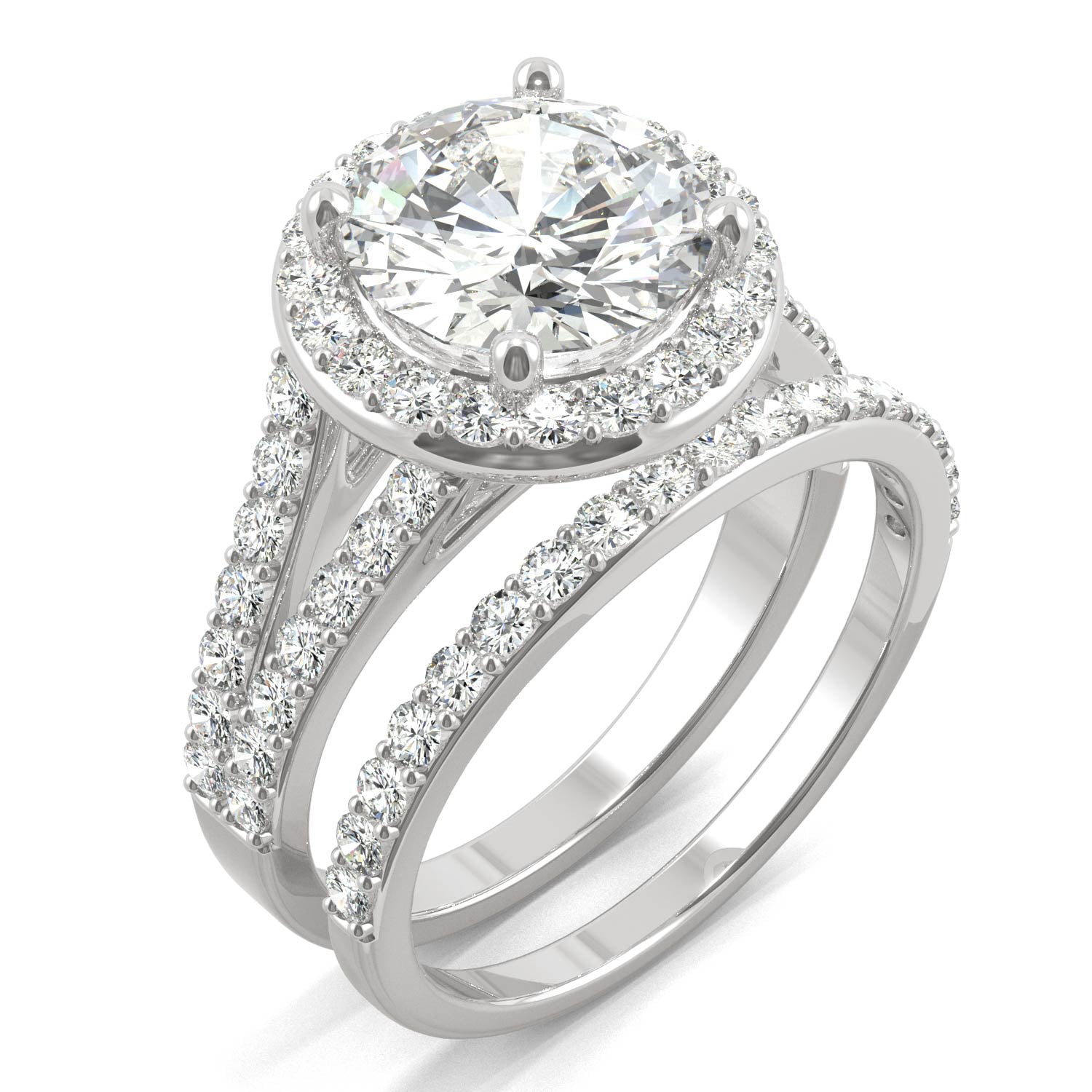 3.69 CTW DEW Round Forever One™ Moissanite Split Shank Halo Bridal Ring