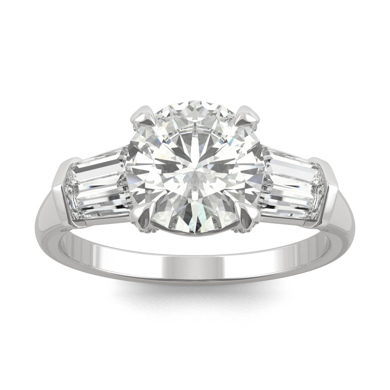 2.75 CTW DEW Round Forever One™ Moissanite Baguette Accented Engagement Ring