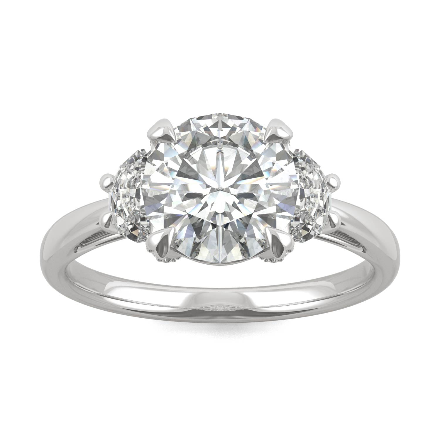 2.57 CTW DEW Round Forever One™ Moissanite Half Moon Accented Engagement Ring