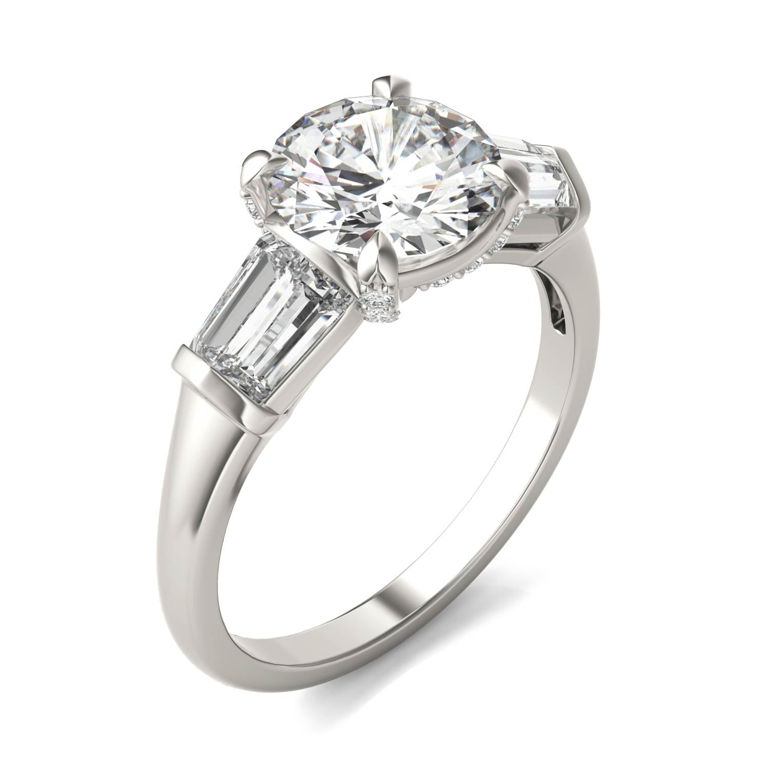 2.75 CTW DEW Round Forever One™ Moissanite Baguette Accented Engagement Ring