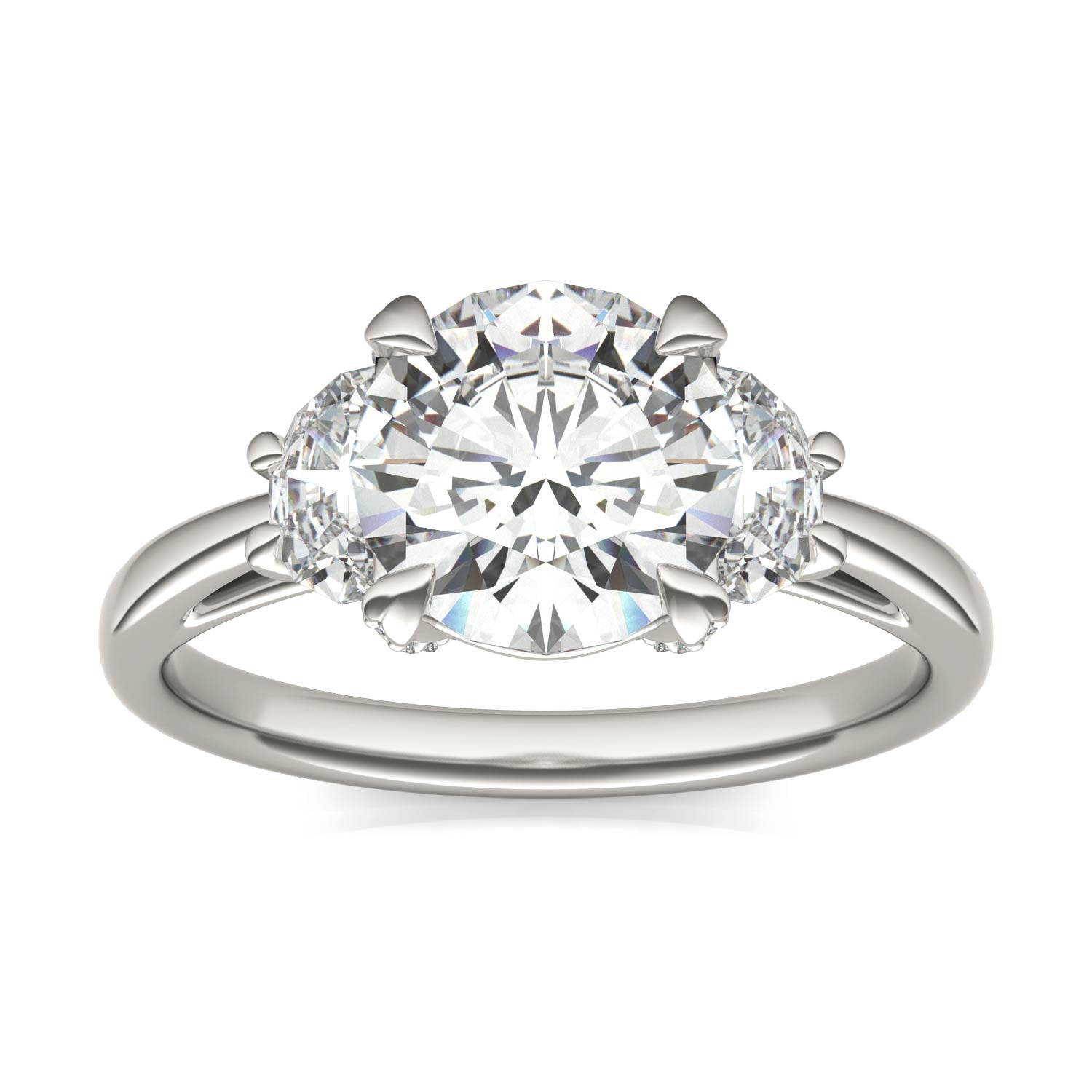 2.57 CTW DEW Round Forever One™ Moissanite Half Moon Accented Engagement Ring