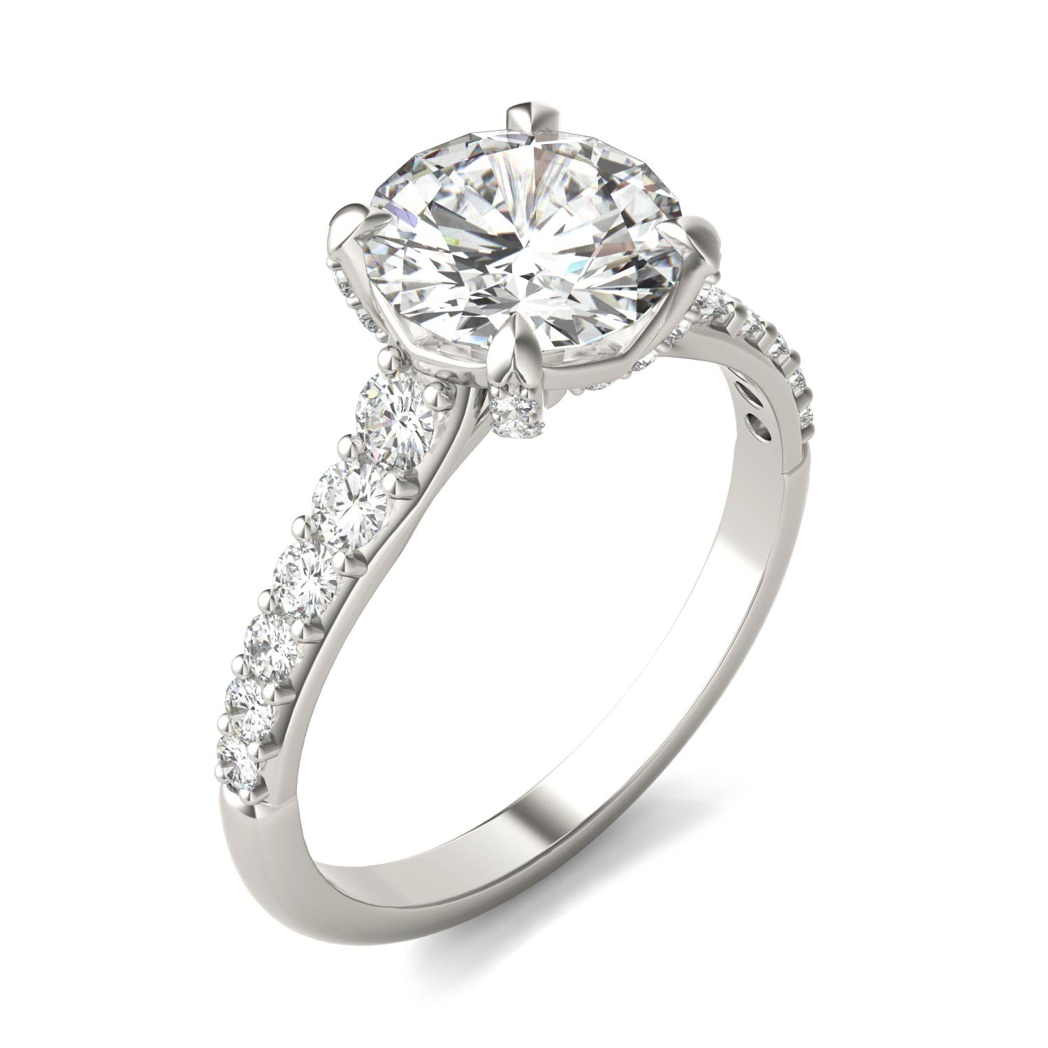 2.43 CTW DEW Round Forever One™ Moissanite Side-Stone Solitaire with Gallery Accents Engagement Ring