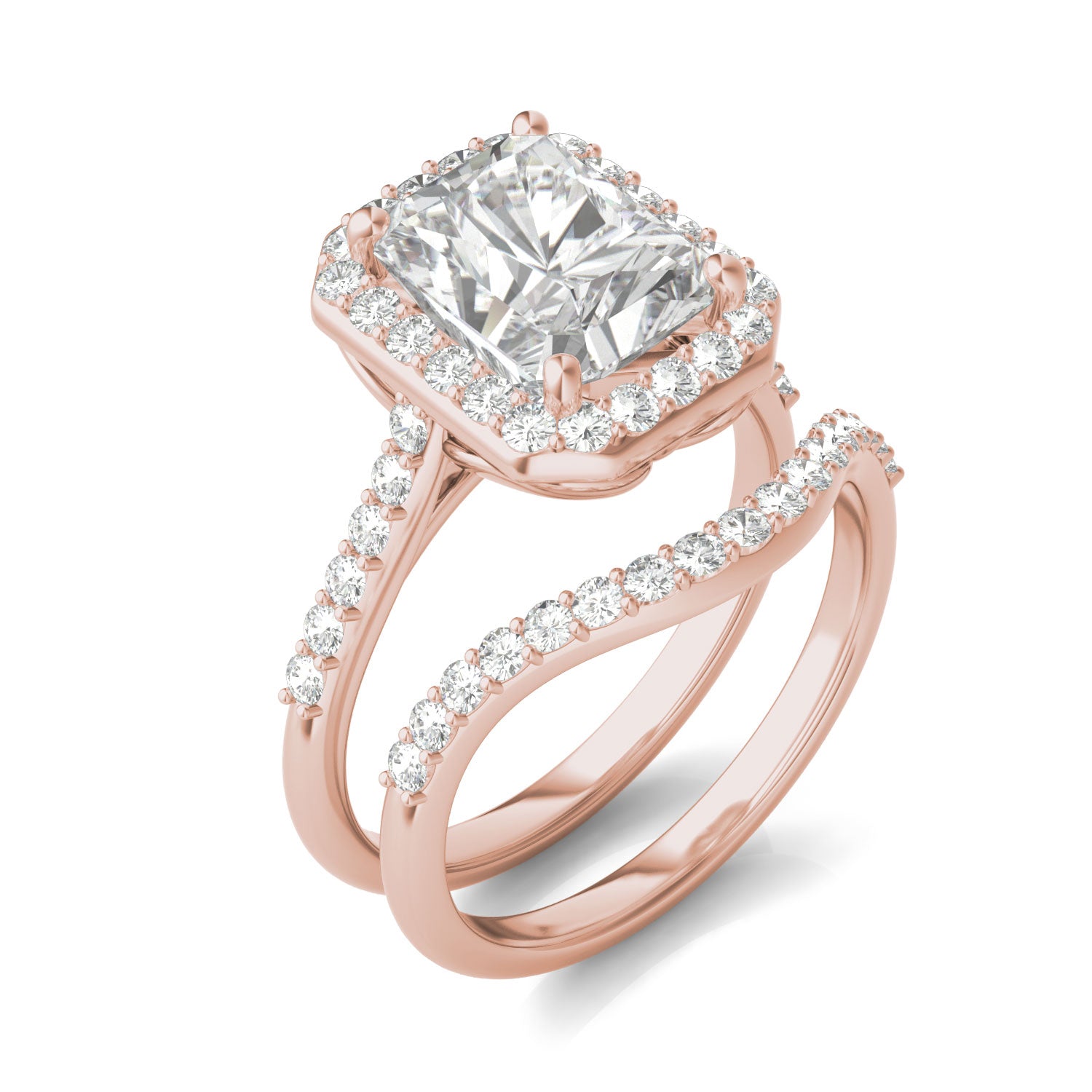 3.50 CTW DEW Radiant Forever One™ Moissanite Signature Halo with Side Accents Wedding Set Ring