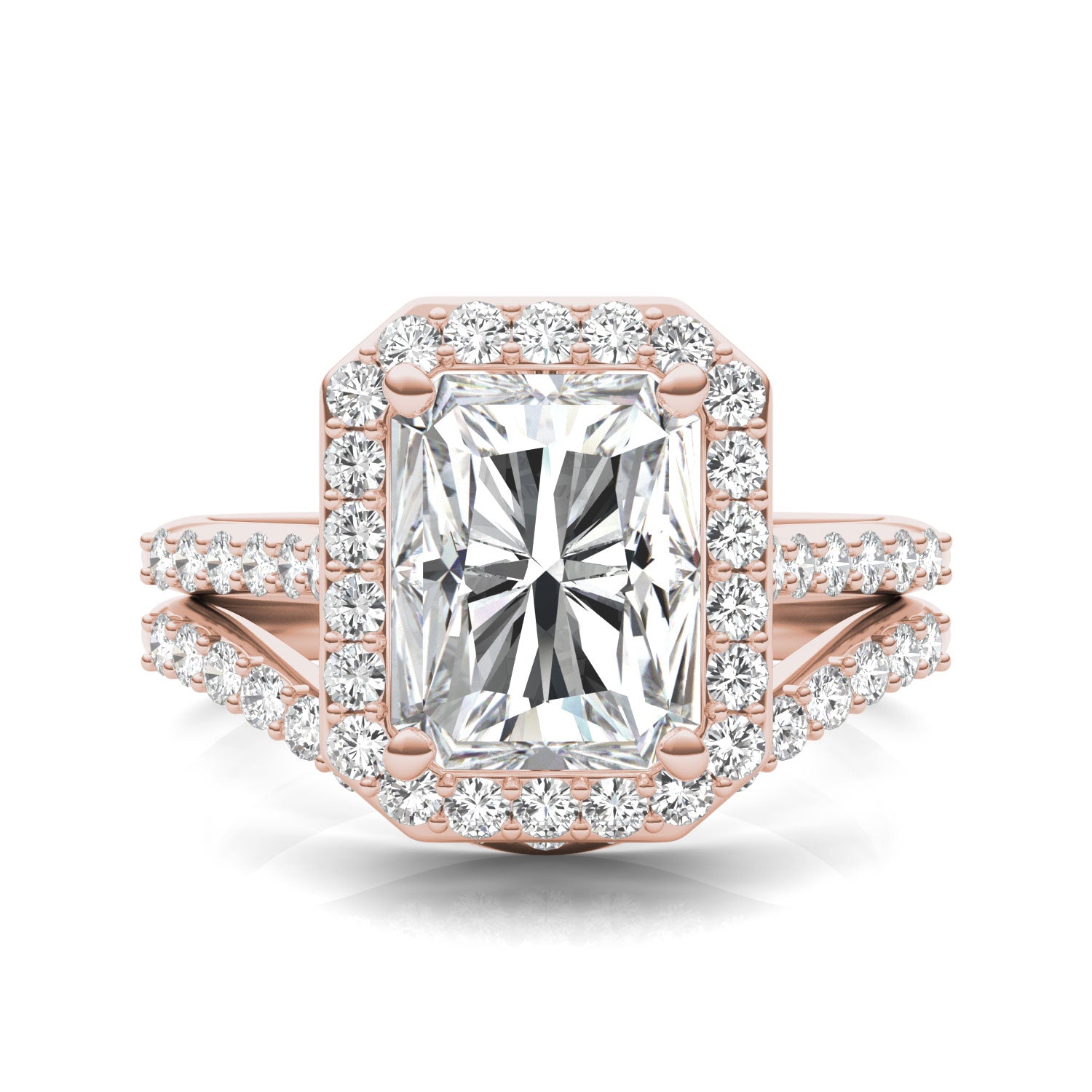 3.50 CTW DEW Radiant Forever One™ Moissanite Signature Halo with Side Accents Wedding Set Ring