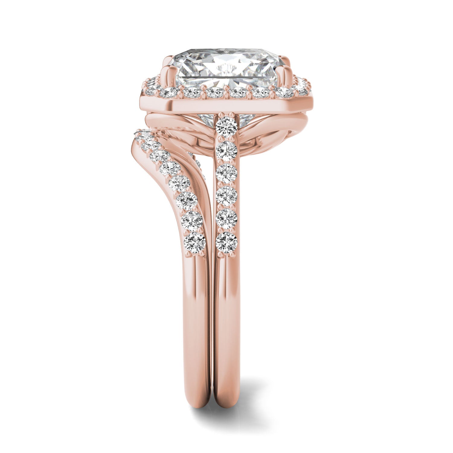 3.50 CTW DEW Radiant Forever One™ Moissanite Signature Halo with Side Accents Wedding Set Ring