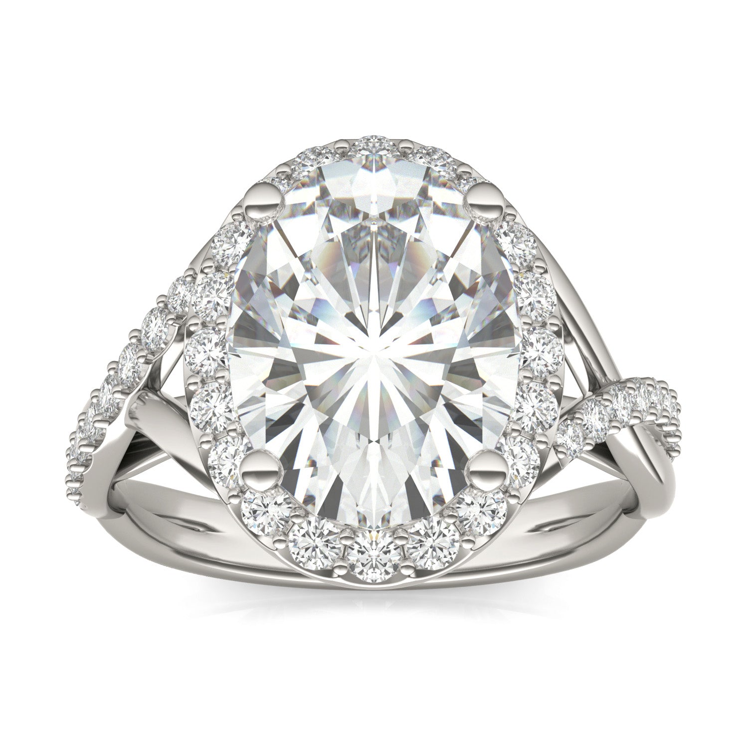 3.56 CTW DEW Oval Forever One™ Moissanite Signature Twist Halo Engagement Ring