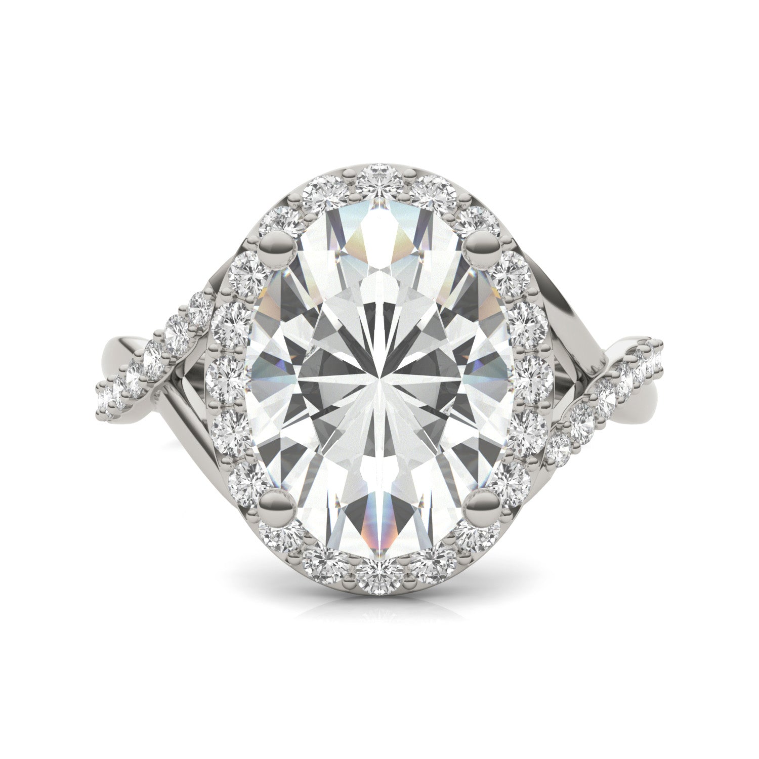 3.56 CTW DEW Oval Forever One™ Moissanite Signature Twist Halo Engagement Ring