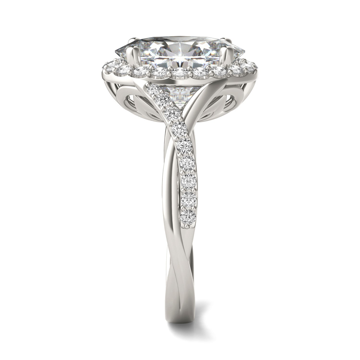 3.56 CTW DEW Oval Forever One™ Moissanite Signature Twist Halo Engagement Ring