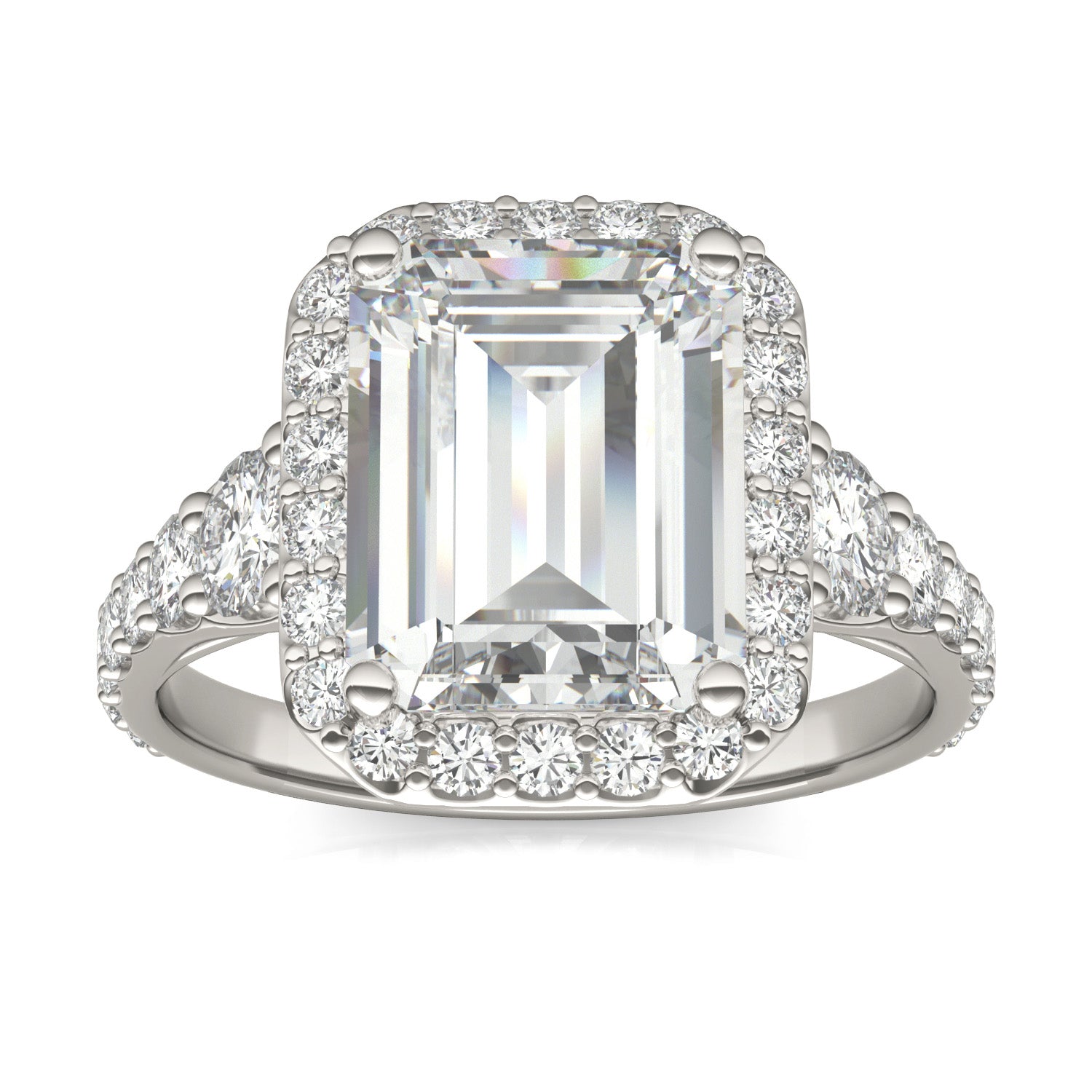4.63 CTW DEW Emerald Forever One™ Moissanite Signature Graduated Side Stone Halo Engagement Ring