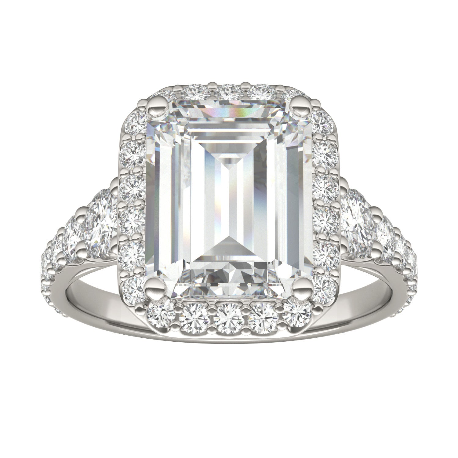 4.63 CTW DEW Emerald Forever One™ Moissanite Signature Graduated Side Stone Halo Engagement Ring