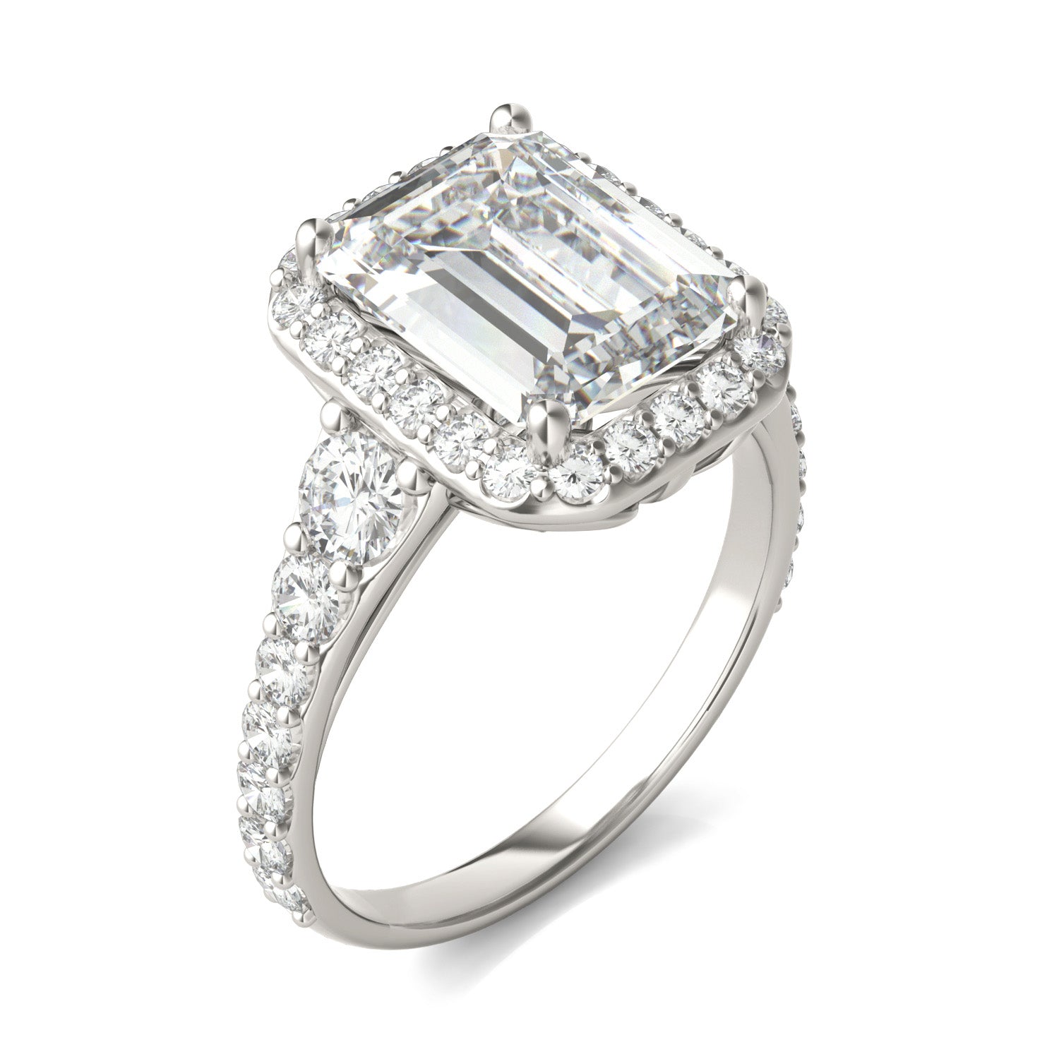 4.63 CTW DEW Emerald Forever One™ Moissanite Signature Graduated Side Stone Halo Engagement Ring