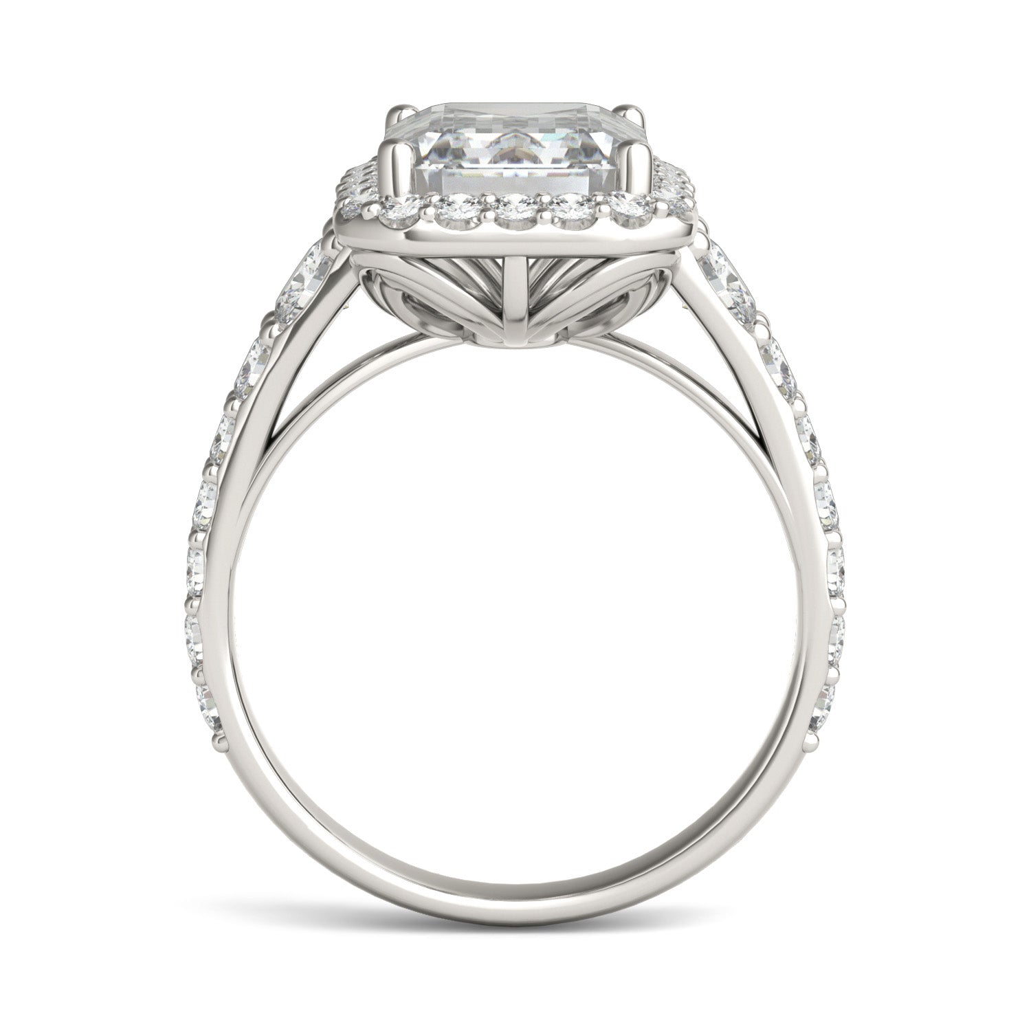 4.63 CTW DEW Emerald Forever One™ Moissanite Signature Graduated Side Stone Halo Engagement Ring