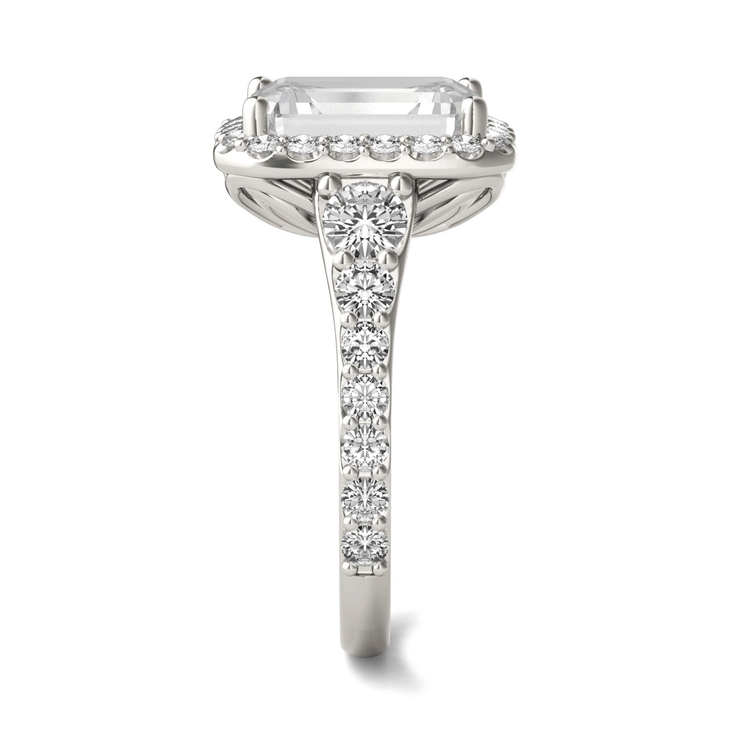 4.63 CTW DEW Emerald Forever One™ Moissanite Signature Graduated Side Stone Halo Engagement Ring