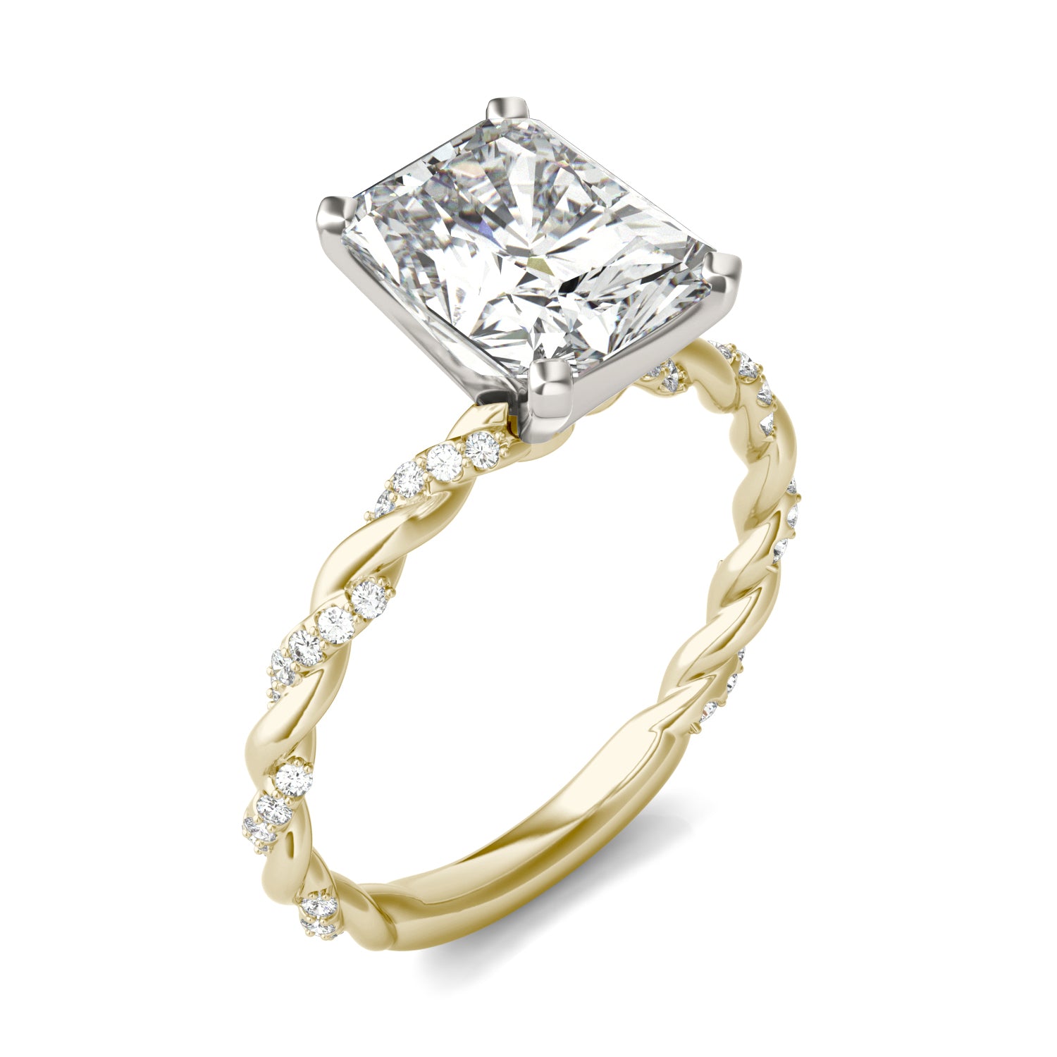 2.89 CTW DEW Radiant Forever One™ Moissanite Solitaire with Twist Side Accents Engagement Ring